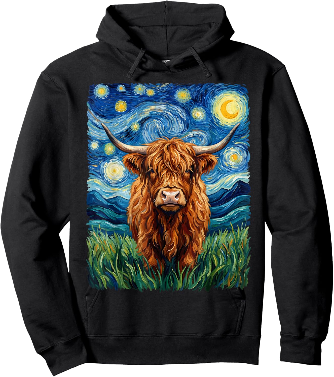 Highland Cow - Van Gogh Style - Starry Night Hoodie - Hoodie | Black