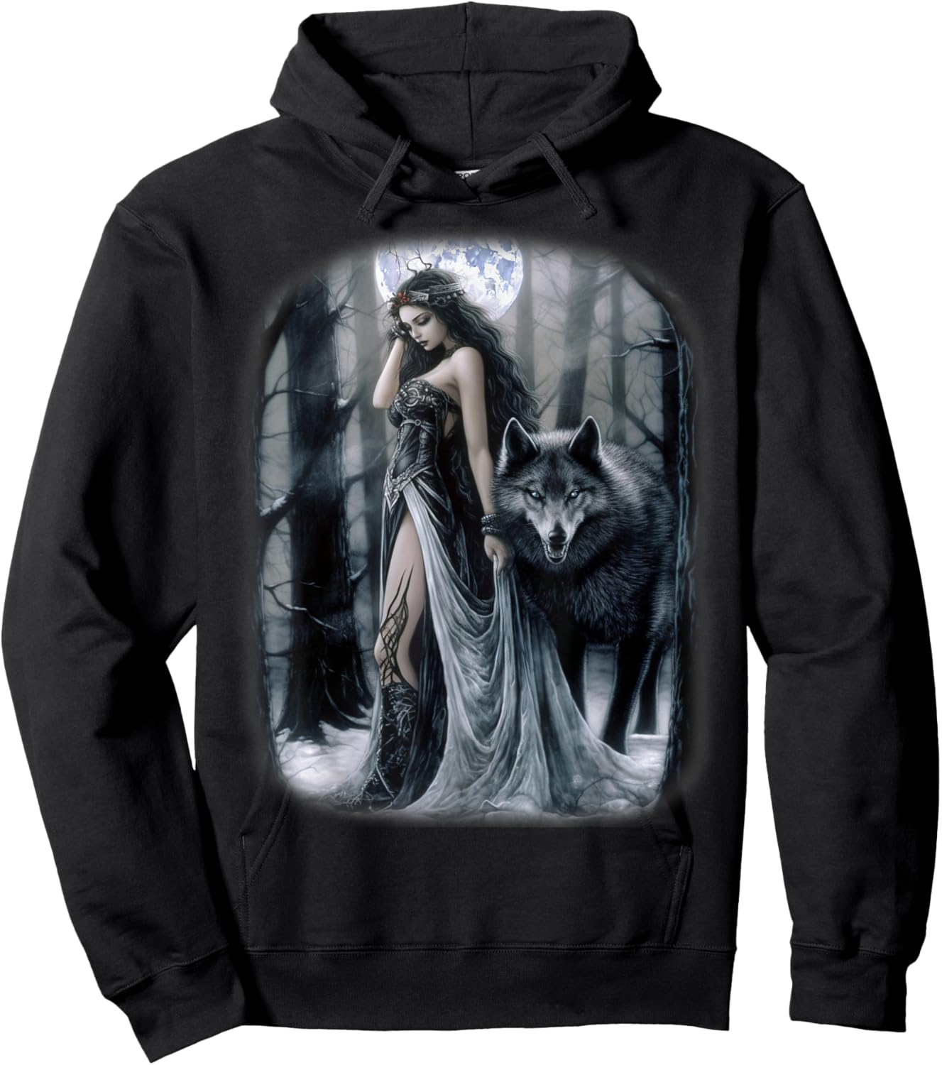 Frau und Grauer Wolf im dunklen Wald mit Mond Fantasy Hoodie - Hoodie | Black
