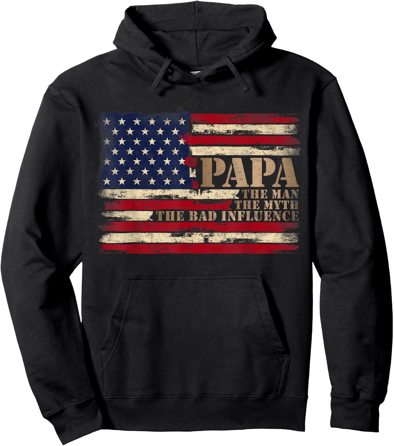 Papa Man Myth Bad Influence Father's Day Retro USA Flag Hoodie - Hoodie | Black