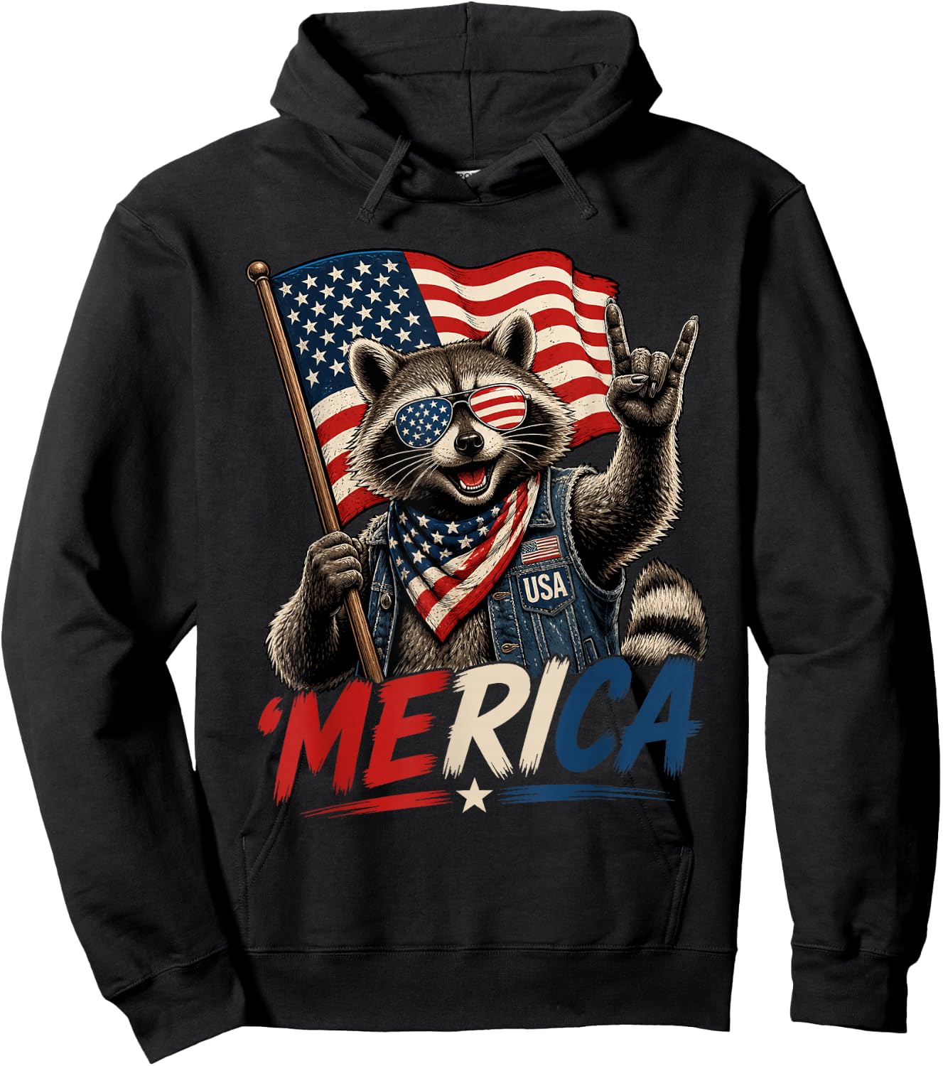 4th of July Raccoon Merica Rock Men Women Kid USA Flag Hoodie - Hoodie | Black