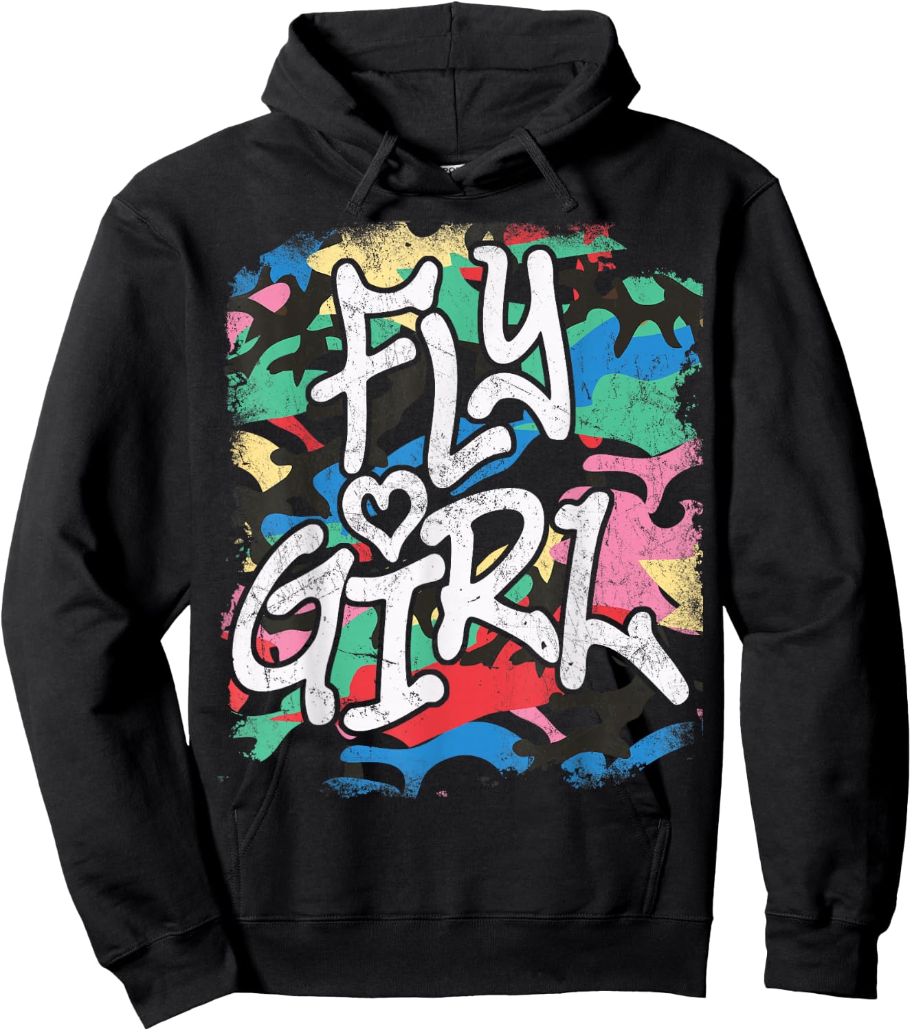 Fly Girl 80s 90s Old School Distressed Camo B-Girl Hip Hop Hoodie - Hoodie | Black