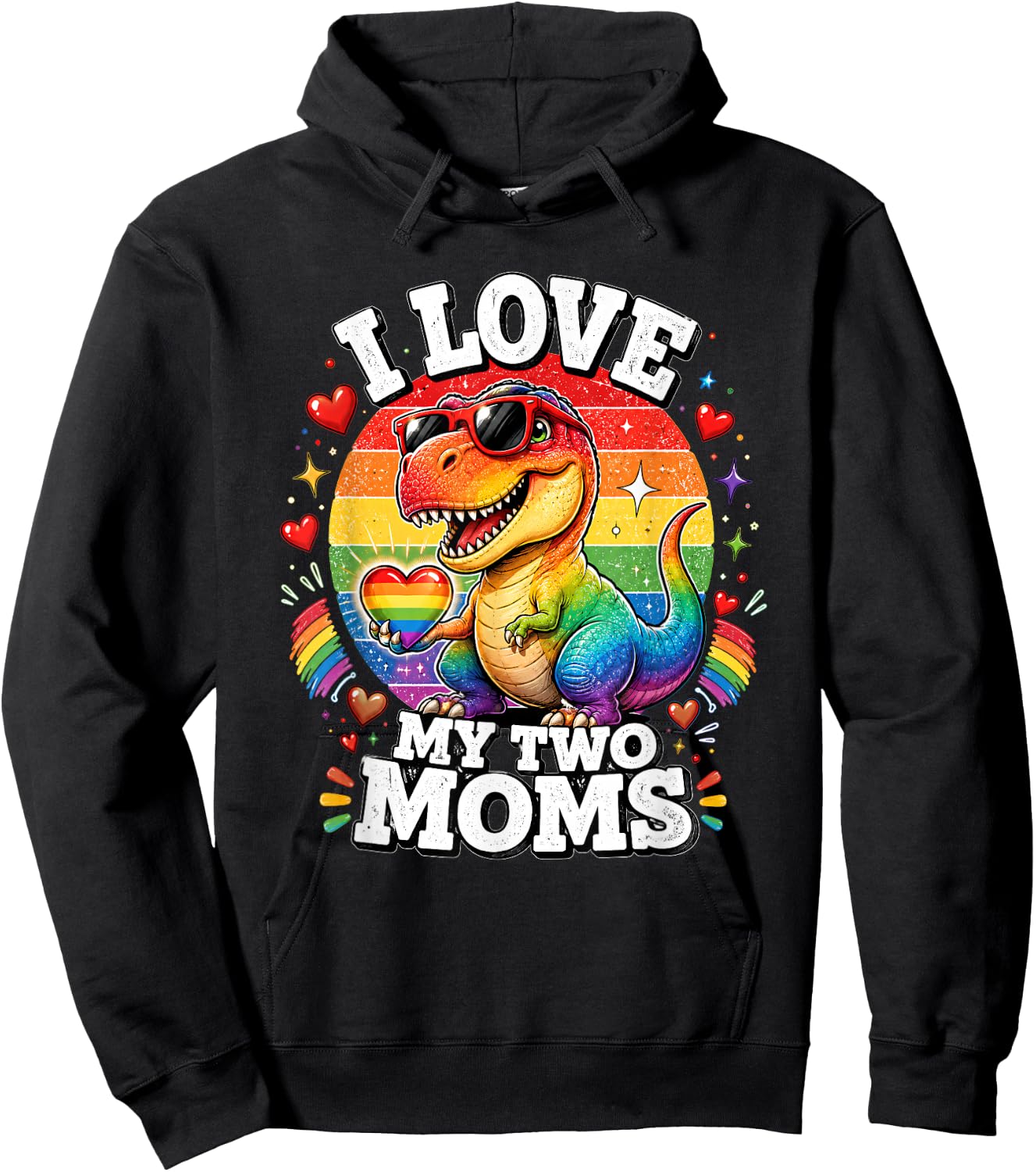Gay Pride I Love My Two Moms Dino LGBTQ Ally Rainbow Hoodie - Hoodie | Black