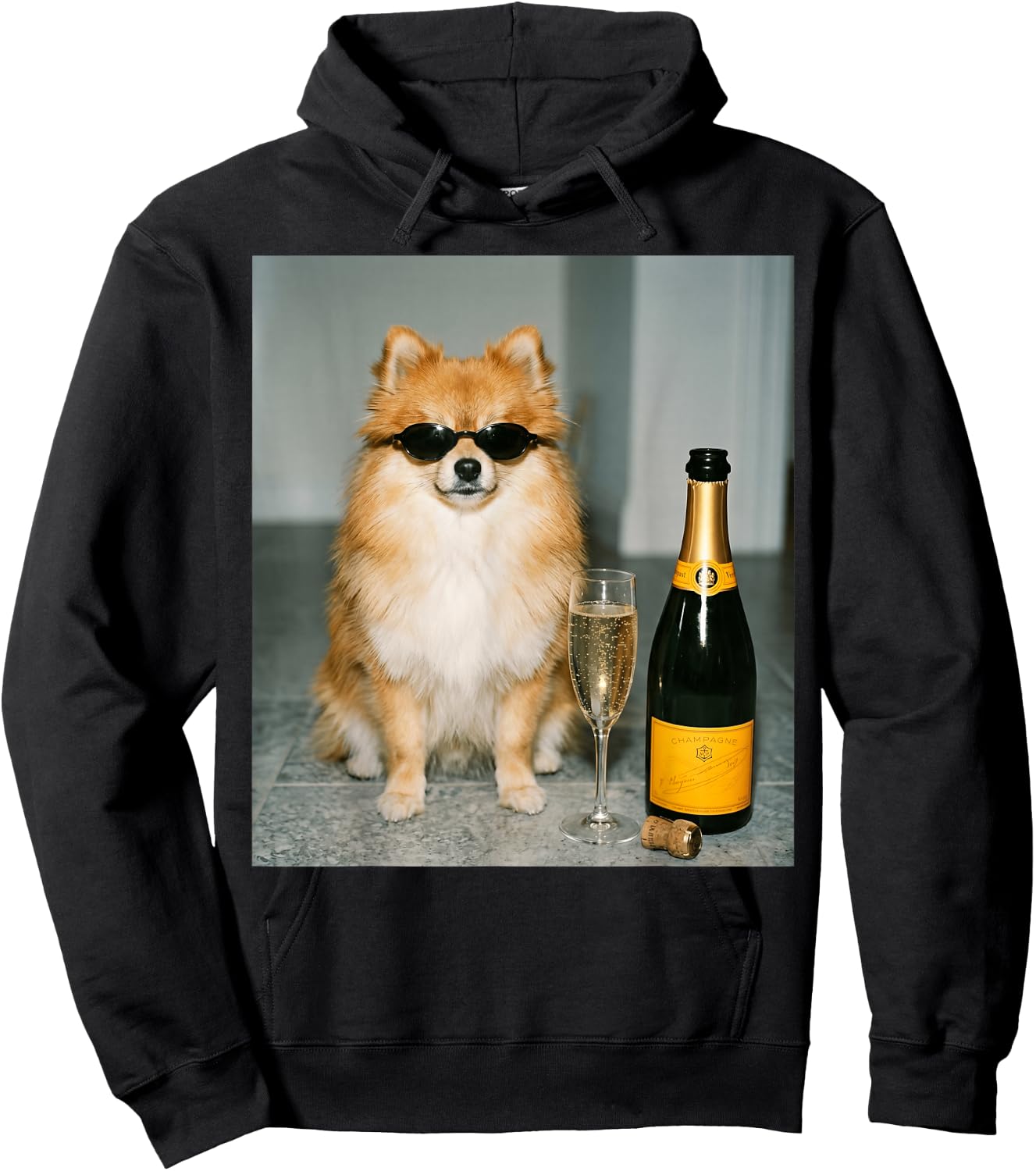 Funny Pomeranian Drinking Champagne Meme Hoodie - Hoodie | Black