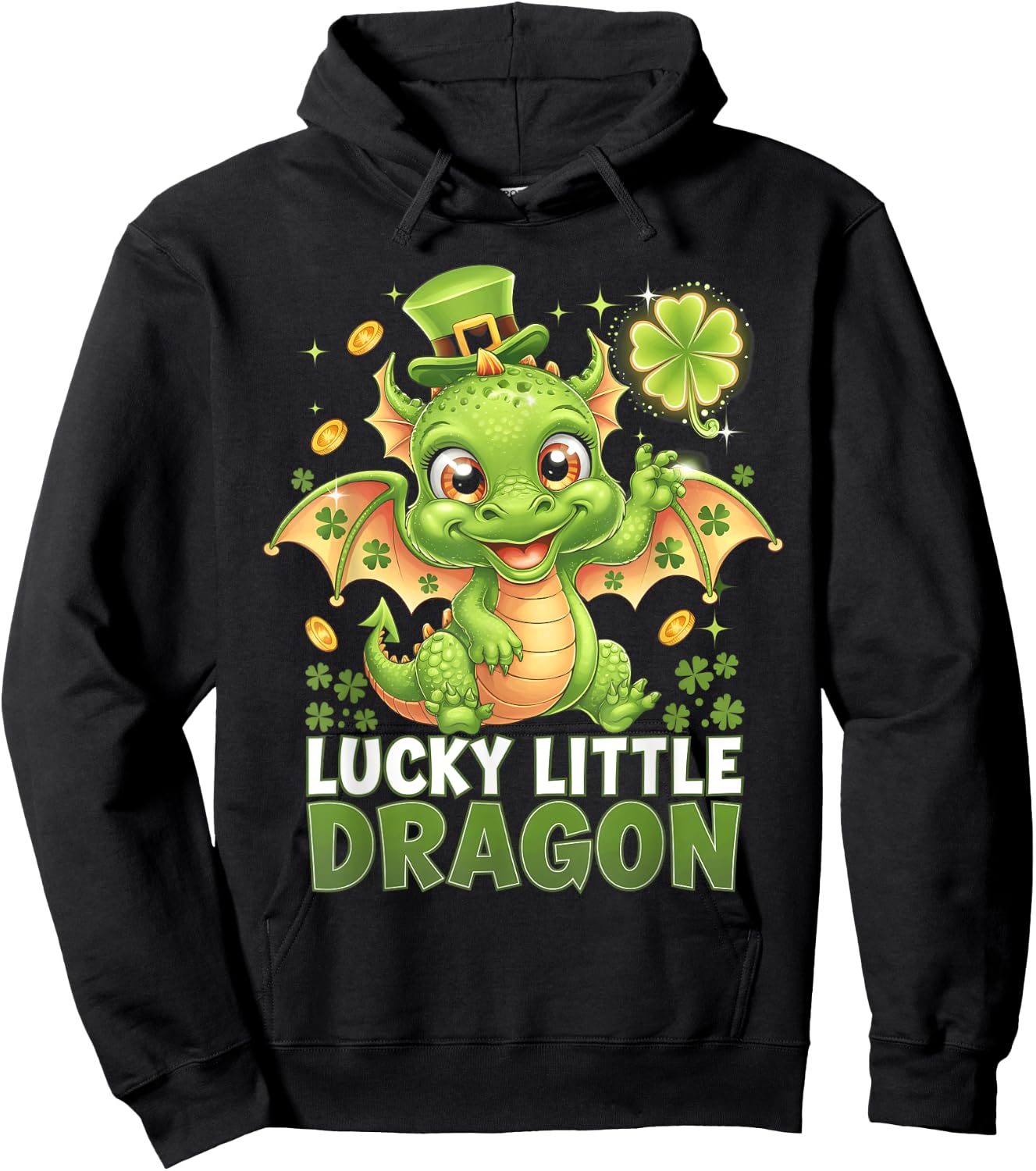 St. Patrick's Day Cute Lucky Dragon Shamrock Rainbow Kids Hoodie - Hoodie | Black