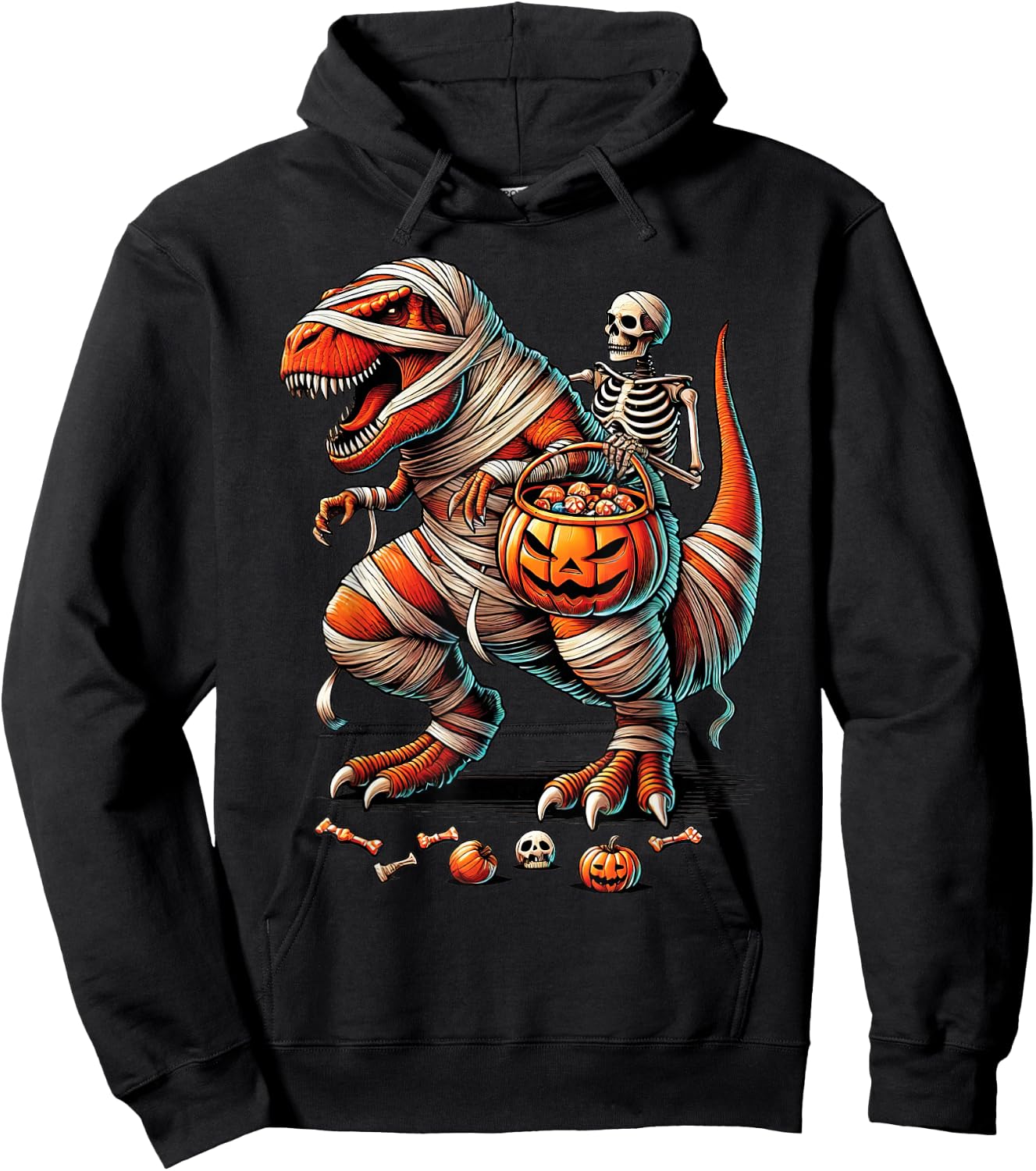 Skeleton Riding Mummy Dinosaur T Rex Kid Boy Funny Halloween Hoodie - Hoodie | Black