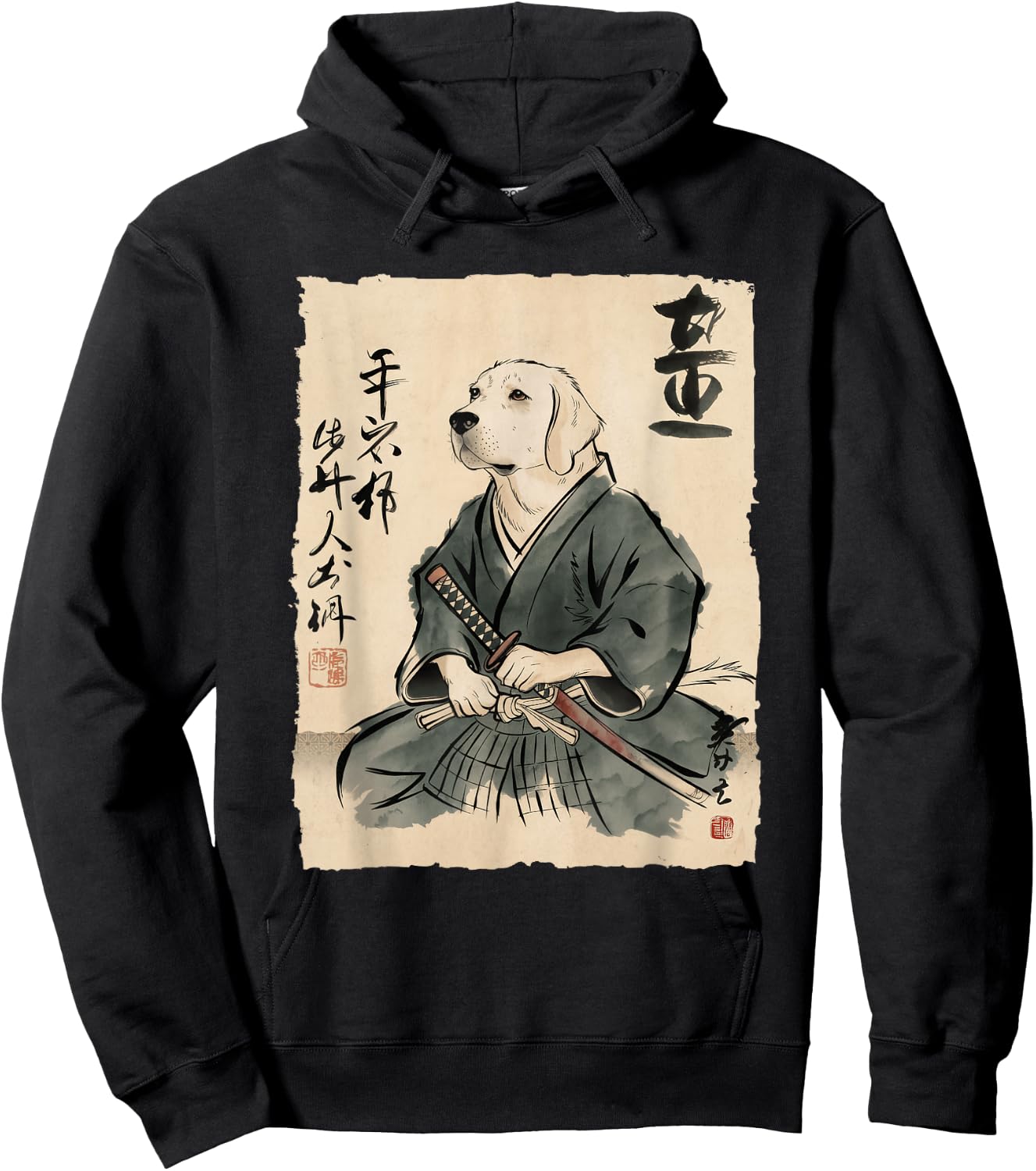 Golden Retriever Samurai Japanese Ink Art Women Hoodie - Hoodie | Black