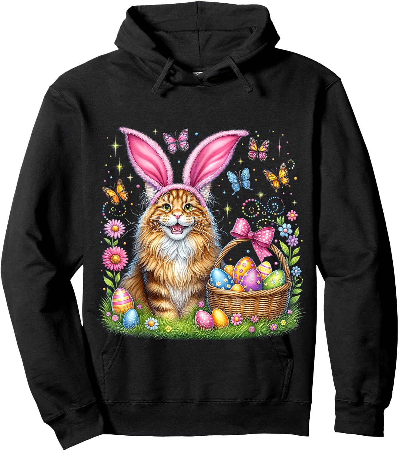 Happy Easter Cute Bunny Maine Coon Cat Easter Eggs Basket Hoodie - Hoodie | Black