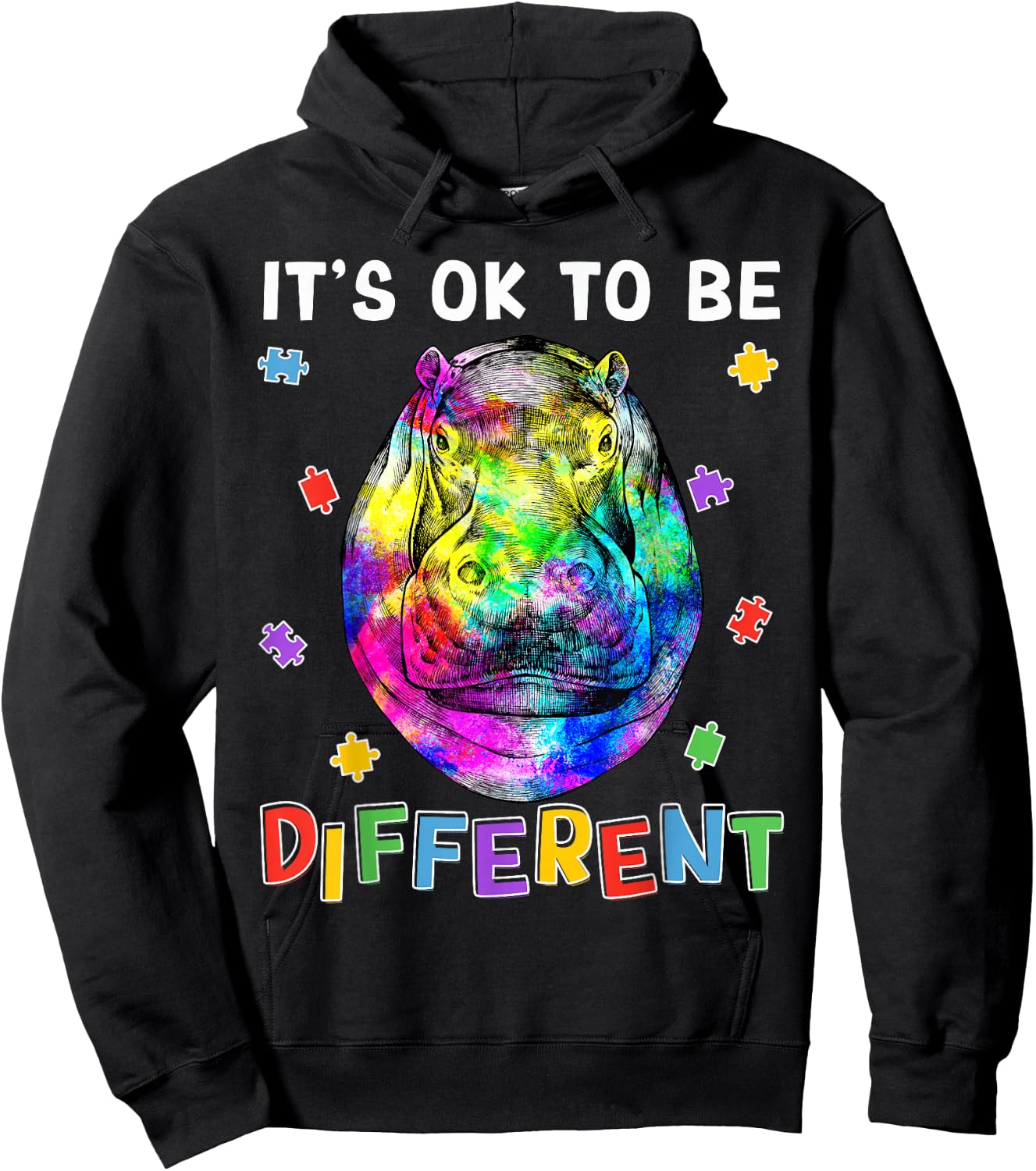 Autism Awareness Hippo Hippopotamus It's OK To Be Different Hoodie - Hoodie | Black