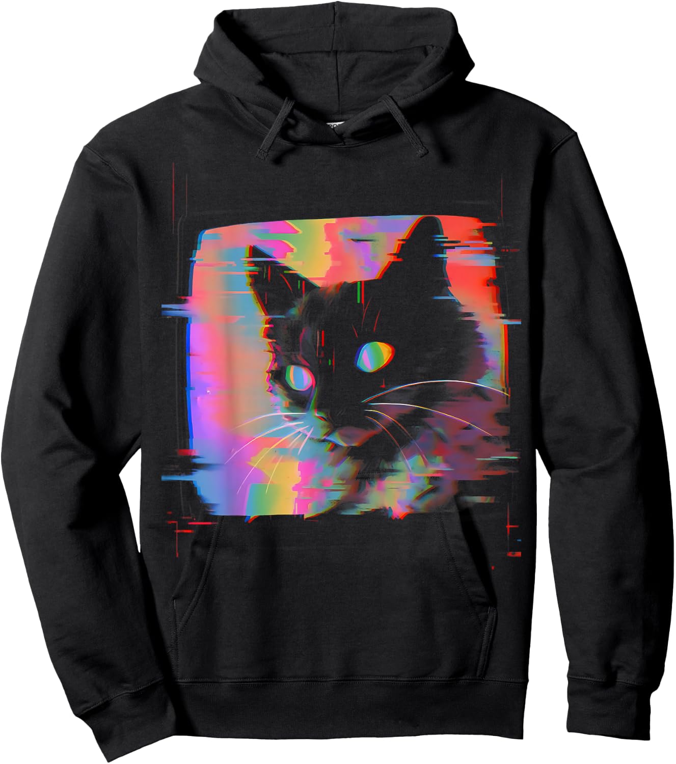 Psychedelic Trippy Glitch Cat | 80s 90s Vaporwave Synthwave Hoodie - Hoodie | Black