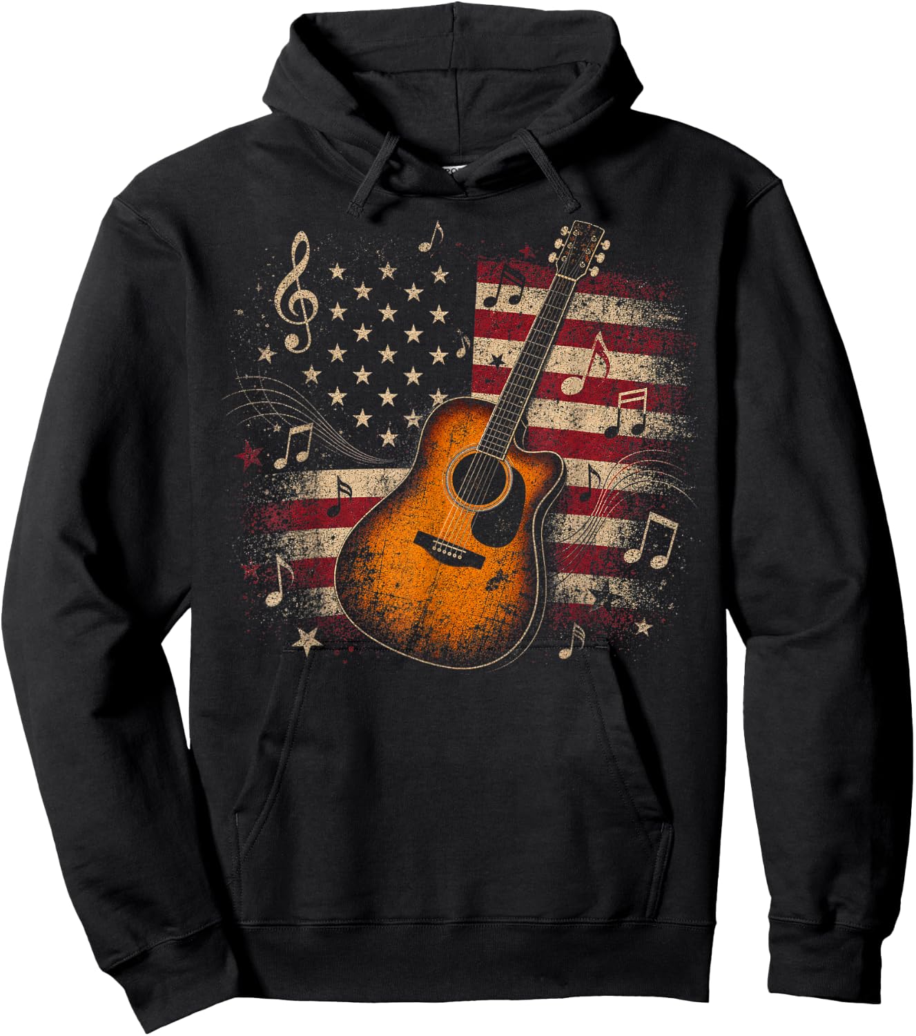 Patriotic Acoustic Guitar with American Flag Design Hoodie - Hoodie | Black