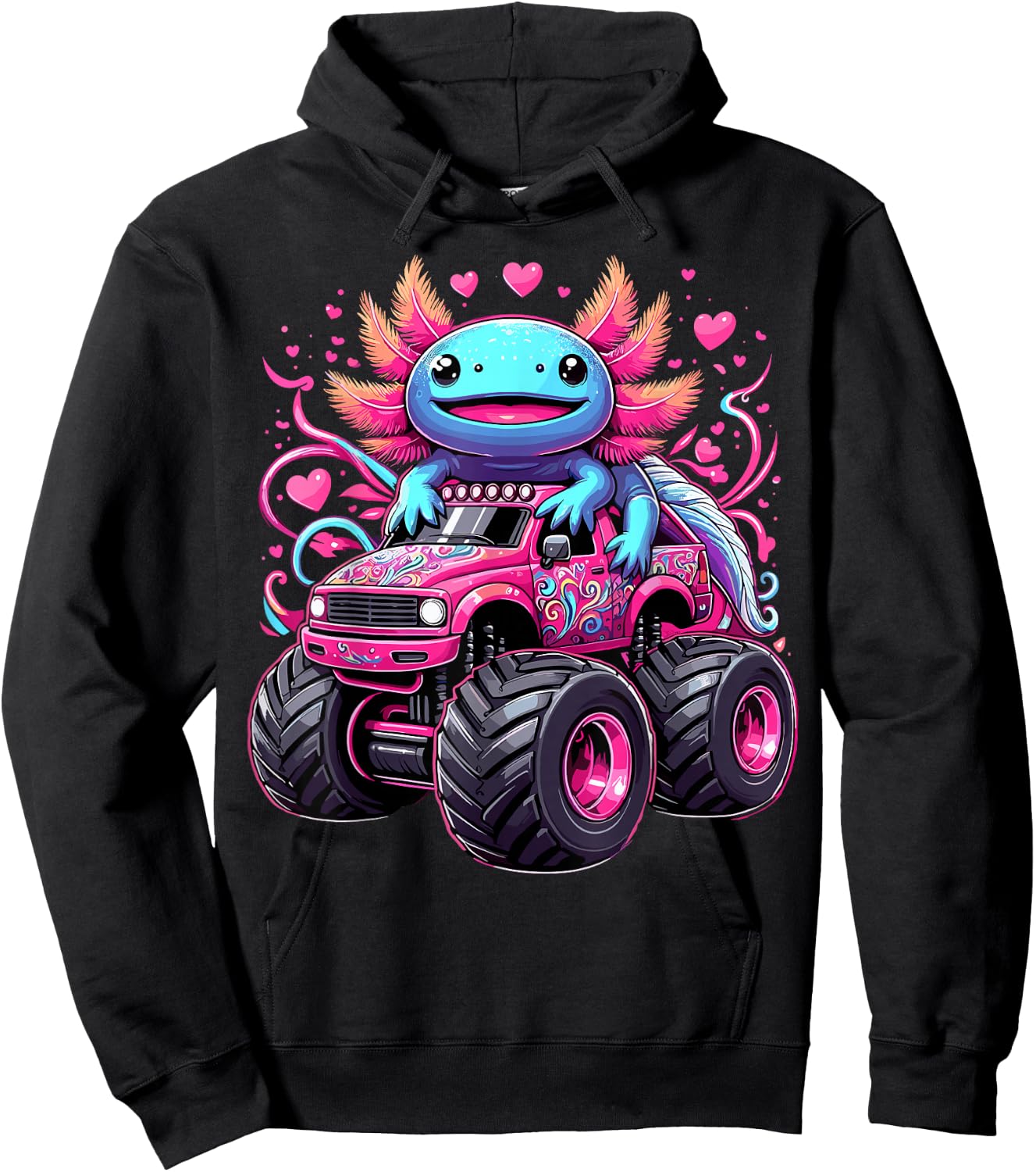 Axolotl Riding Monster Truck Hoodie - Hoodie | Black