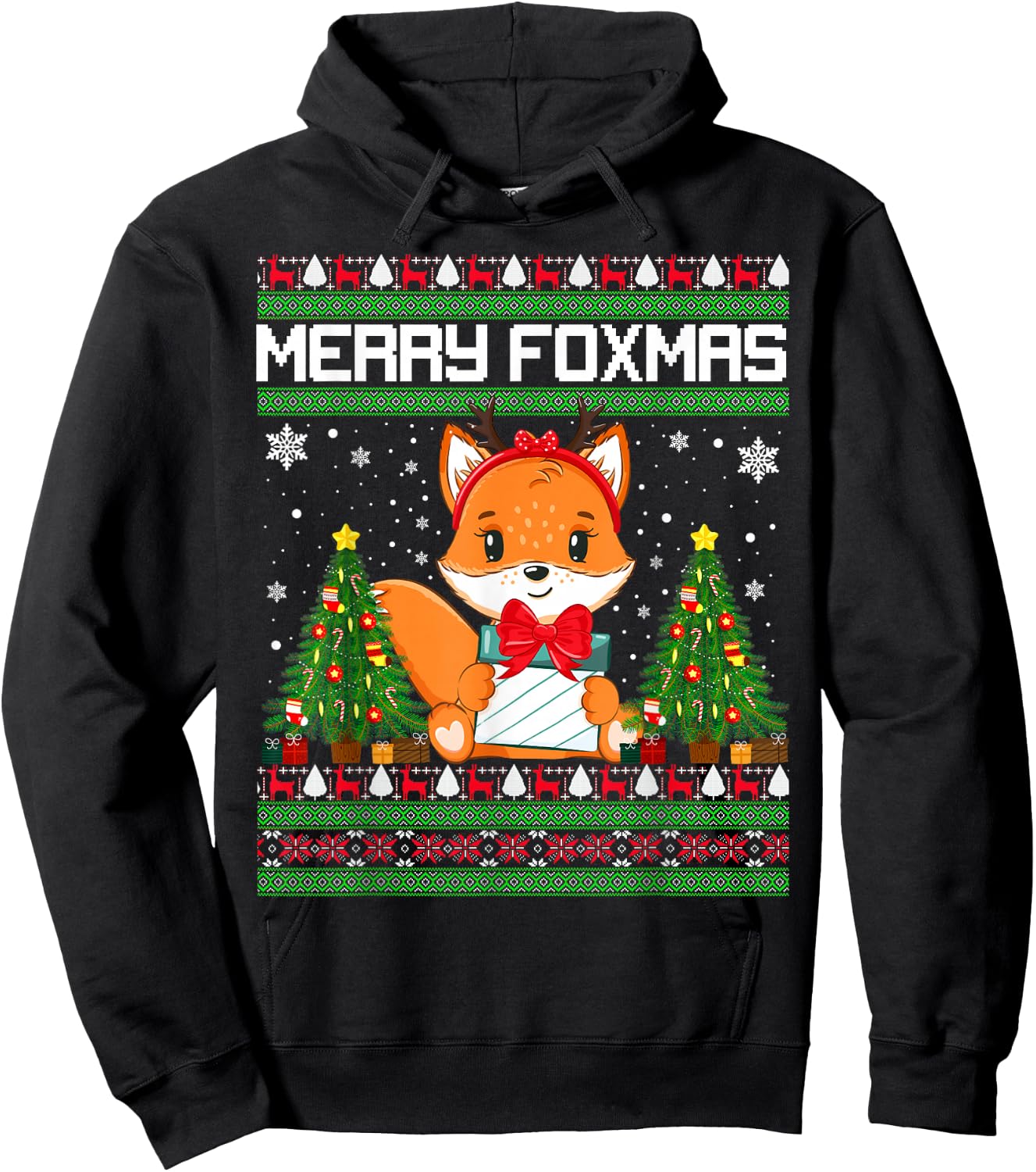 Merry Foxmas Santa Fox Lights Fox Lovers Ugly Xmas Sweater Hoodie - Hoodie | Black