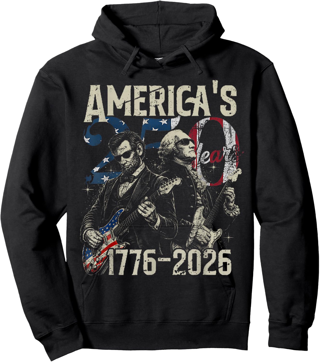 America's 250 Year George Washington Lincoln Playing Guitar Hoodie - Hoodie | Black