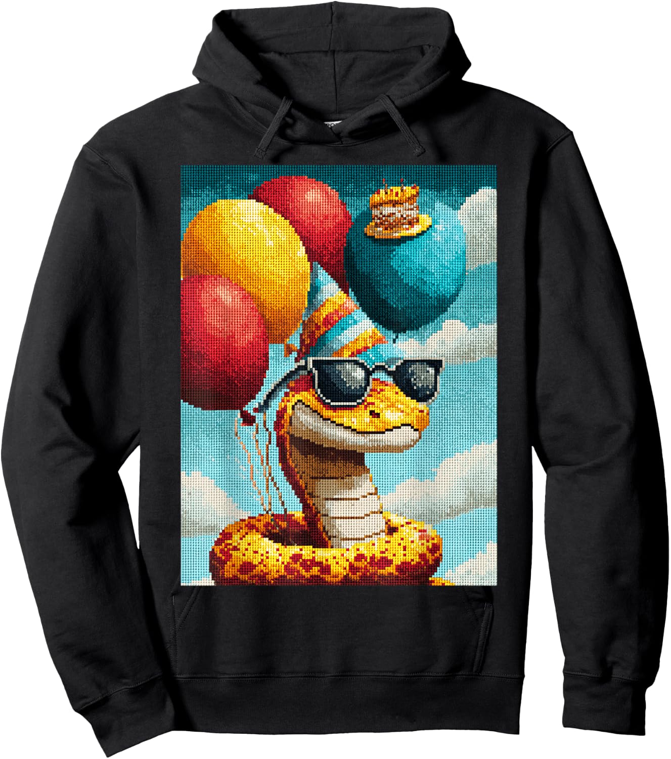Retro Snake Birthday Party Balloons & Cake Pixel Animal Hoodie - Hoodie | Black
