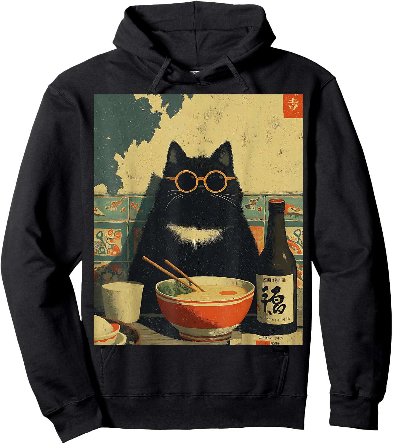 Vintage Japanische Katze Ramen Katze Papa Retro Lustige Grafik Frauen Hoodie - Hoodie | Black