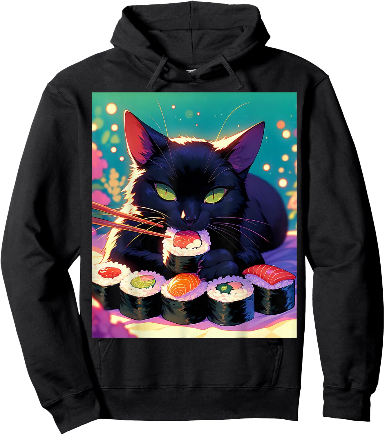 Black Cat Eating Sushi Anime Funny Cat Gifts Men Women Kids Hoodie - Hoodie | Black