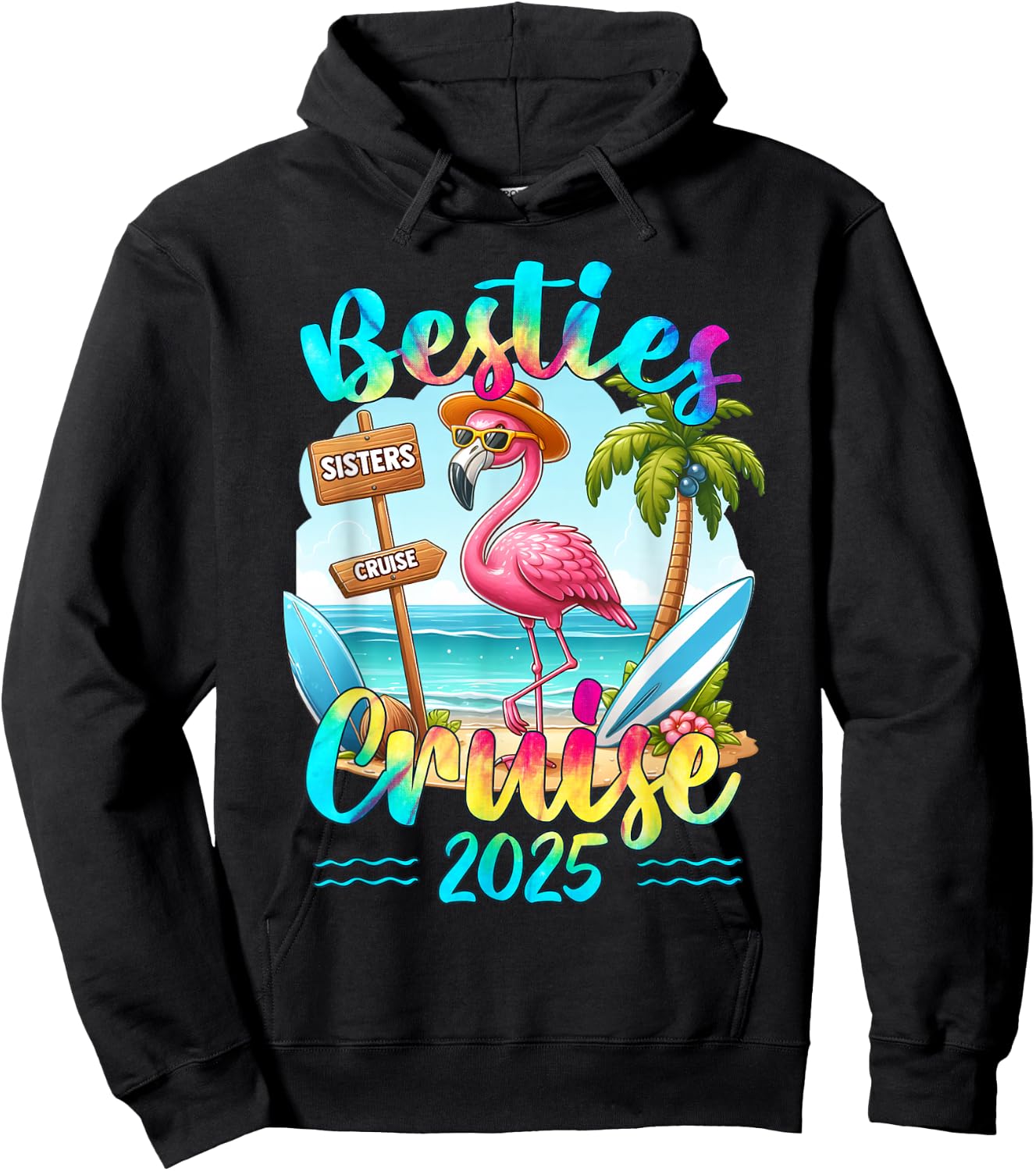 Besties Cruise 2025 Tie Dye Flamingo Cruise Squad Girls Trip Hoodie - Hoodie | Black
