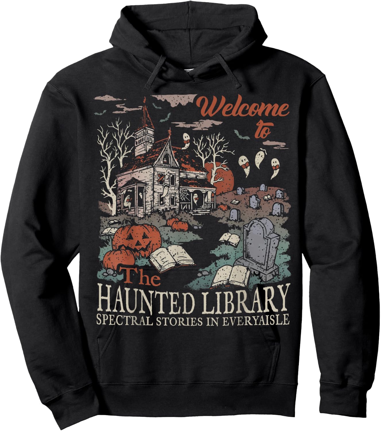 Retro Welcome To The Haunted Library Book Lovers Halloween Hoodie - Hoodie | Black