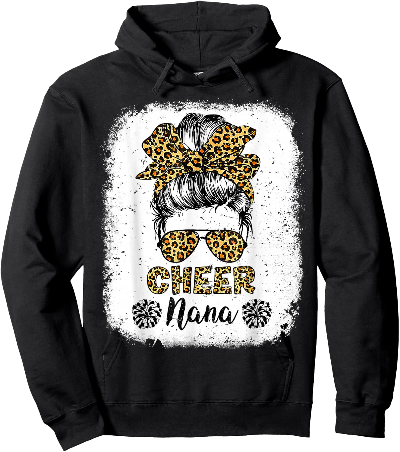 Cheer Nana Leopard Messy Bun Cheerleader Bleached Hoodie - Hoodie | Black