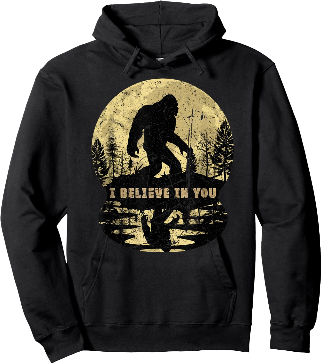 Vintage Retro I Believe in You Moonlight Bigfoot Strolling Hoodie - Hoodie | Black