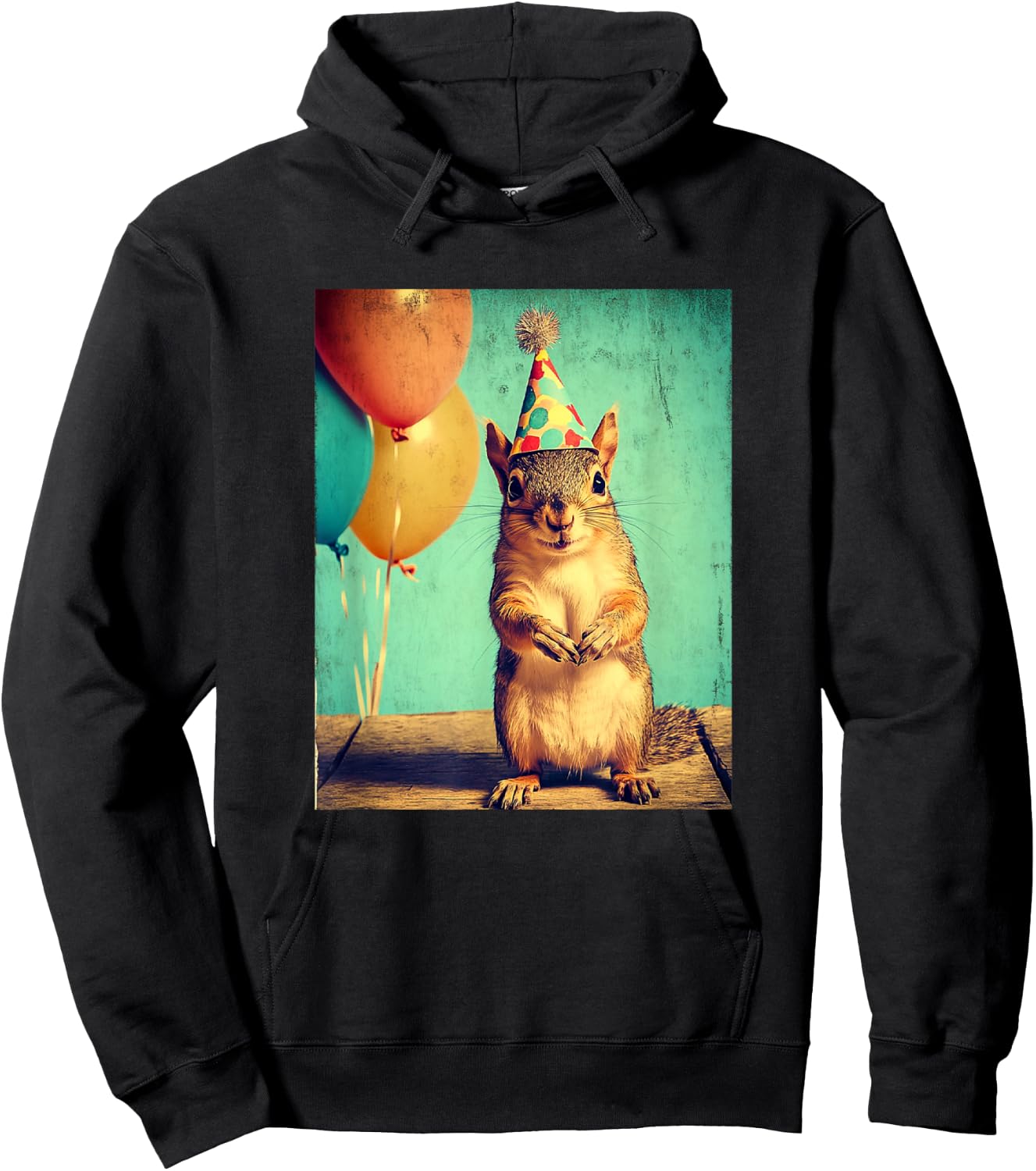 Squirrel Retro Art Print Birthday Party Balloons & Party Hat Hoodie - Hoodie | Black