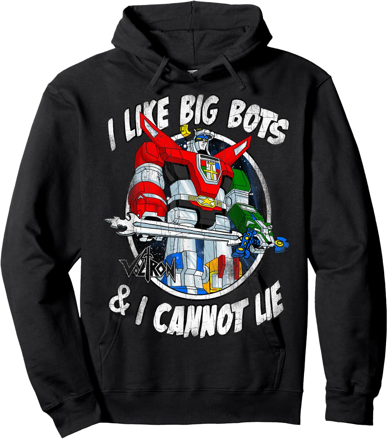 Voltron Retro Defender I Like Big Bots Distressed Hoodie - Hoodie | Black