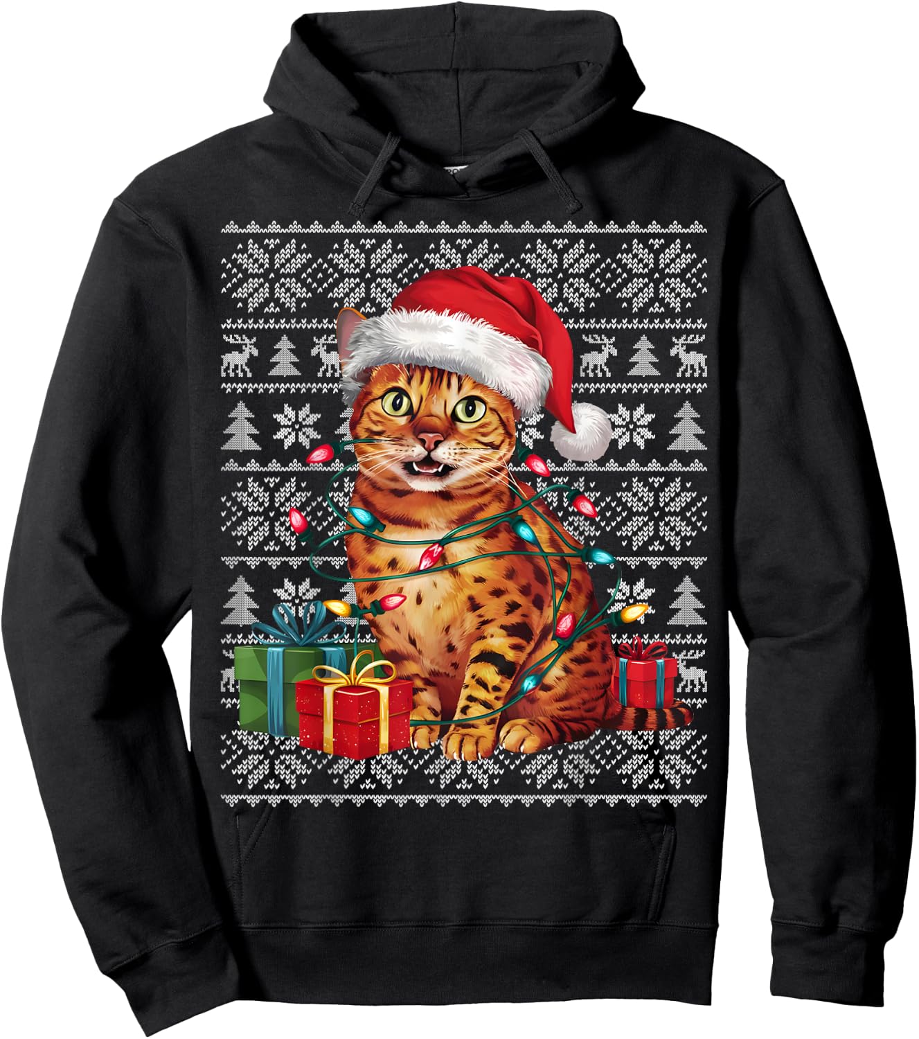 Xmas Sweater Style Ugly Santa Hat Bengal Cat Christmas Women Kids Hoodie - Hoodie | Black