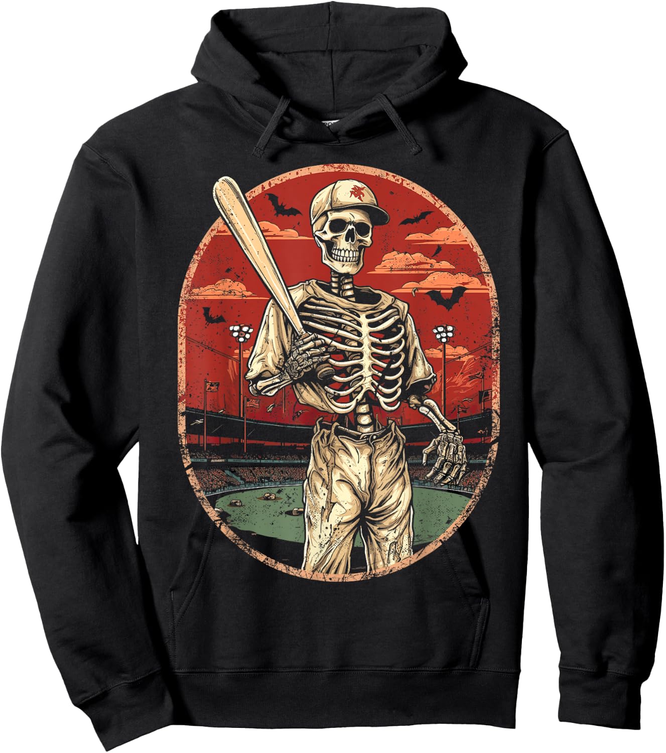 Spooky Creepy Vintage Baseball Skeleton Halloween Men Boys Hoodie - Hoodie | Black