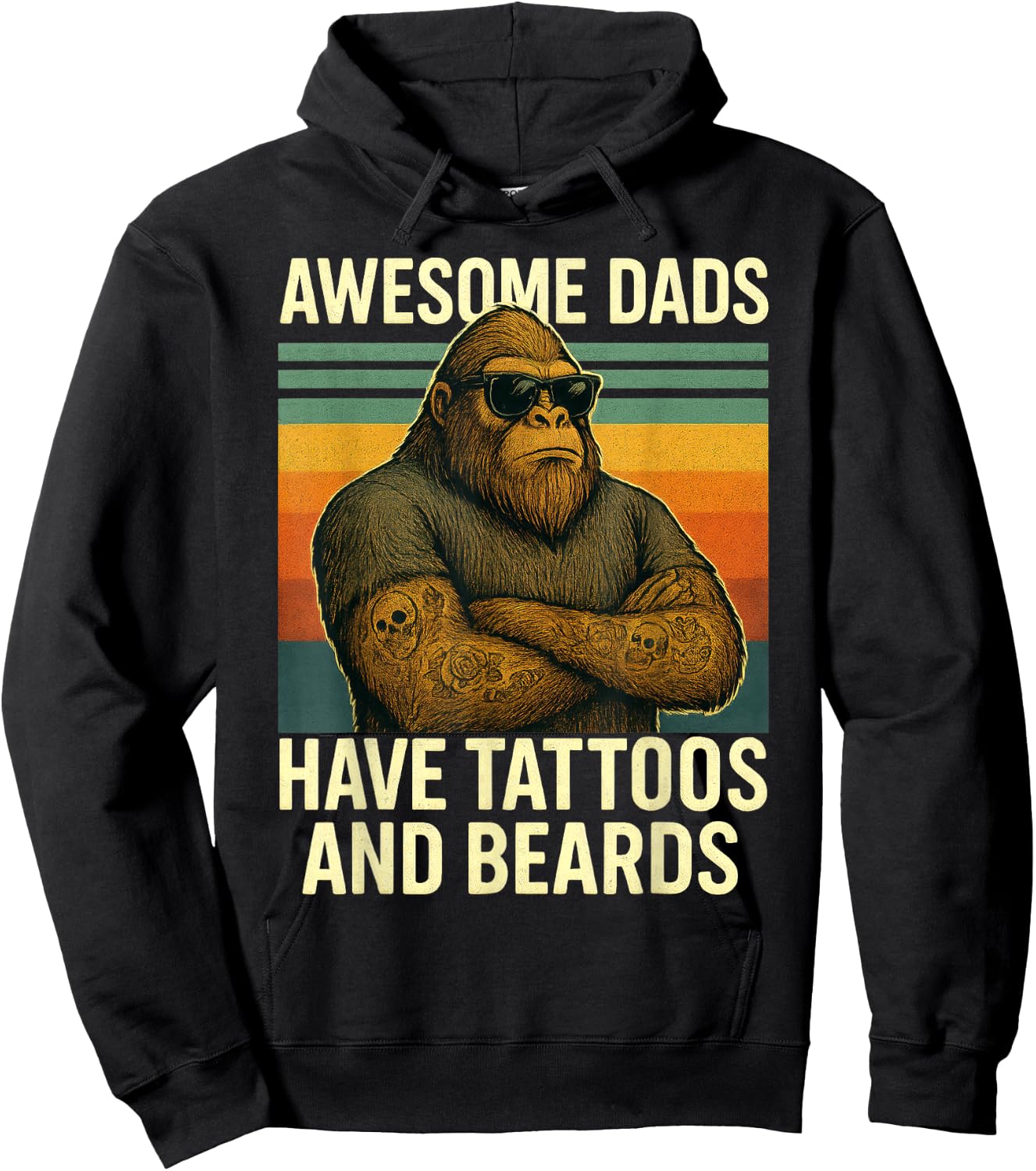 Awesome Dads Tattooed Bearded Bigfoot Retro Fathers Day Hoodie - Hoodie | Black