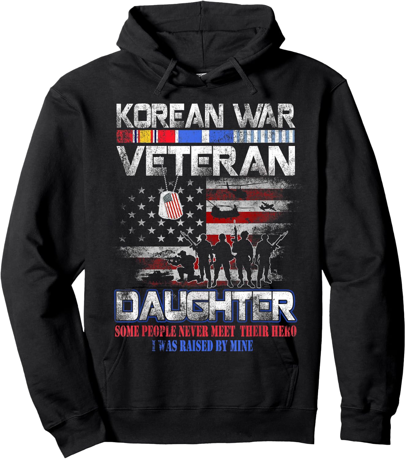 Korea War Veteran Proud Daughter US Flag Vintage Patriotic Hoodie - Hoodie | Black