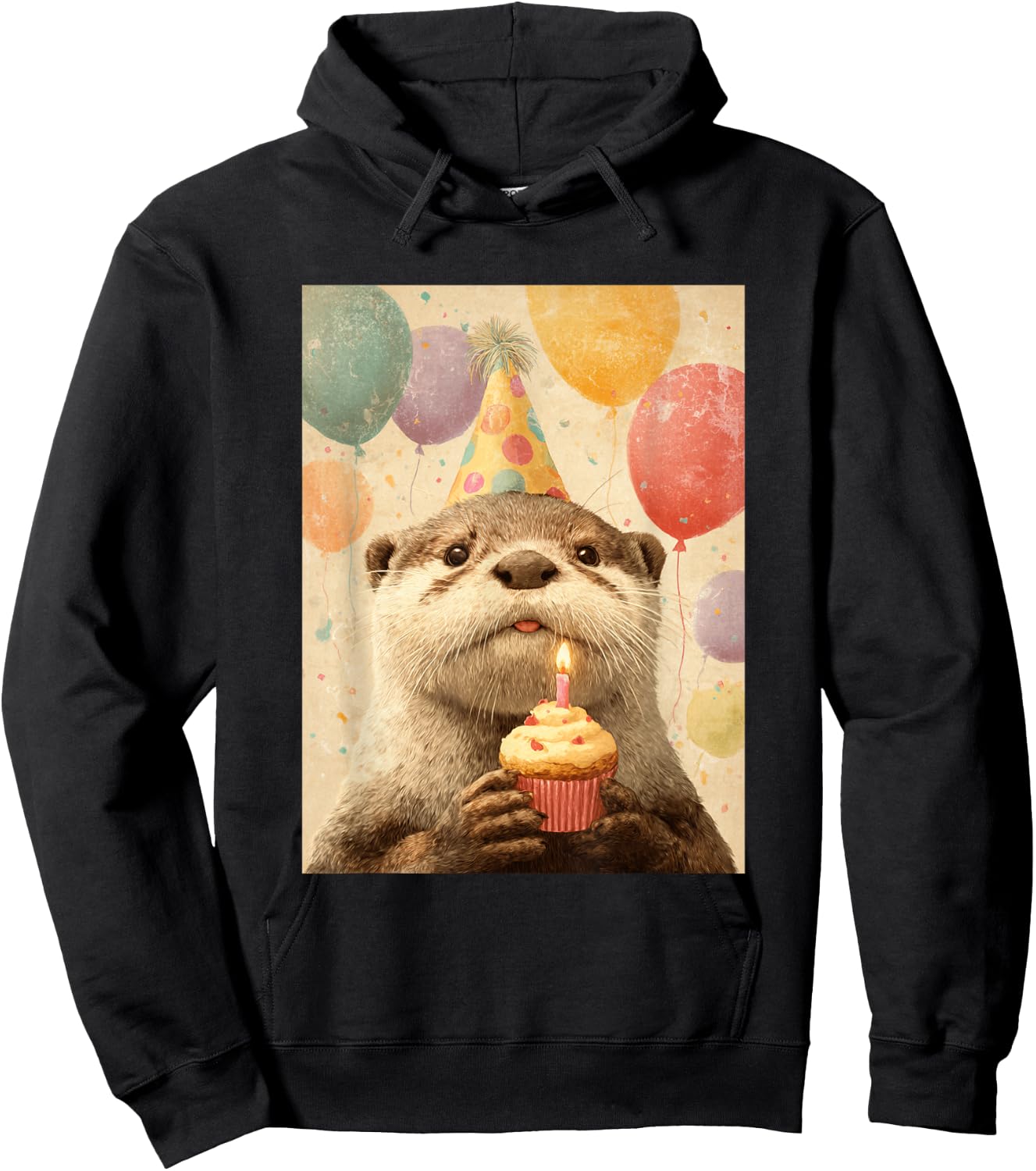 Otter Retro Art Print Birthday Party Balloons & Cupcake Hoodie - Hoodie | Black