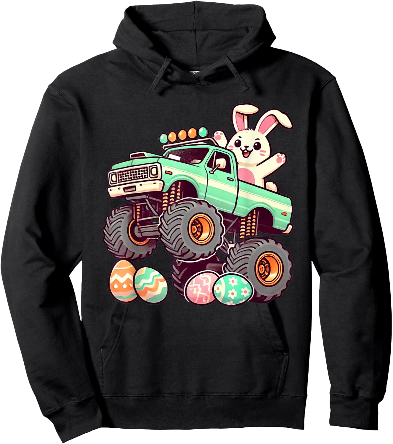 Monster Truck Bunny Happy Easter Day Kids Boys Toddler Funny Hoodie - Hoodie | Black