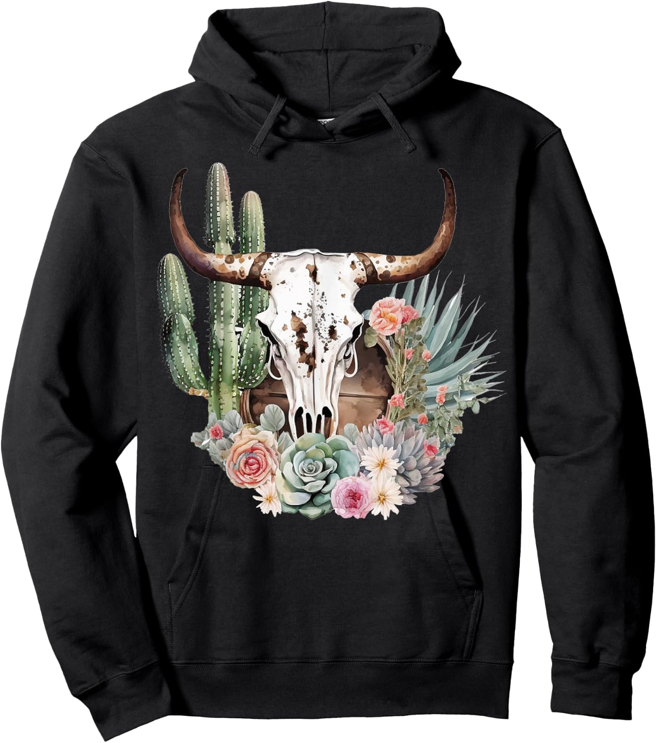 Western Boho Chic Longhorn Bull Skull Cactus Beige Pattern Hoodie - Hoodie | Black
