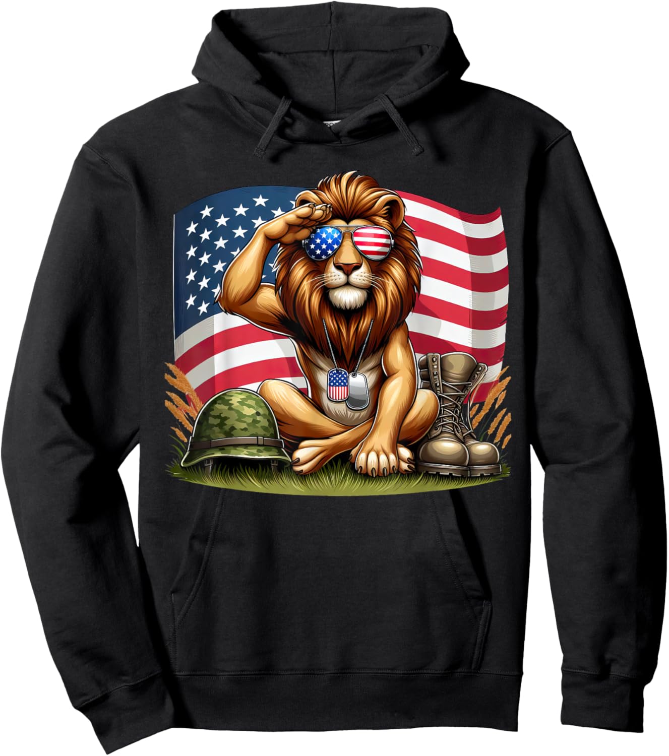 Salute Lion American USA Flag Memorial Day 4th of July Hoodie - Hoodie | Black