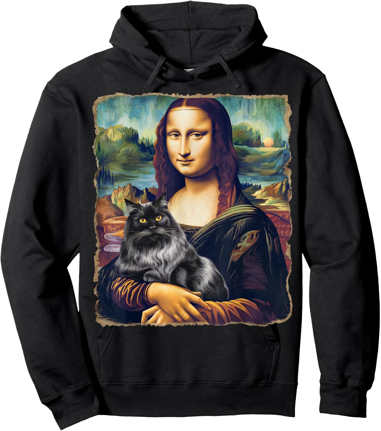 Black Cat Art Painting Apparel Gifts Graphic Mona Lisa Cat Art Funny for Cat Lovers, -Adults, Kids, Black, Small, Short Sleeve Hoodie - Hoodie | Black