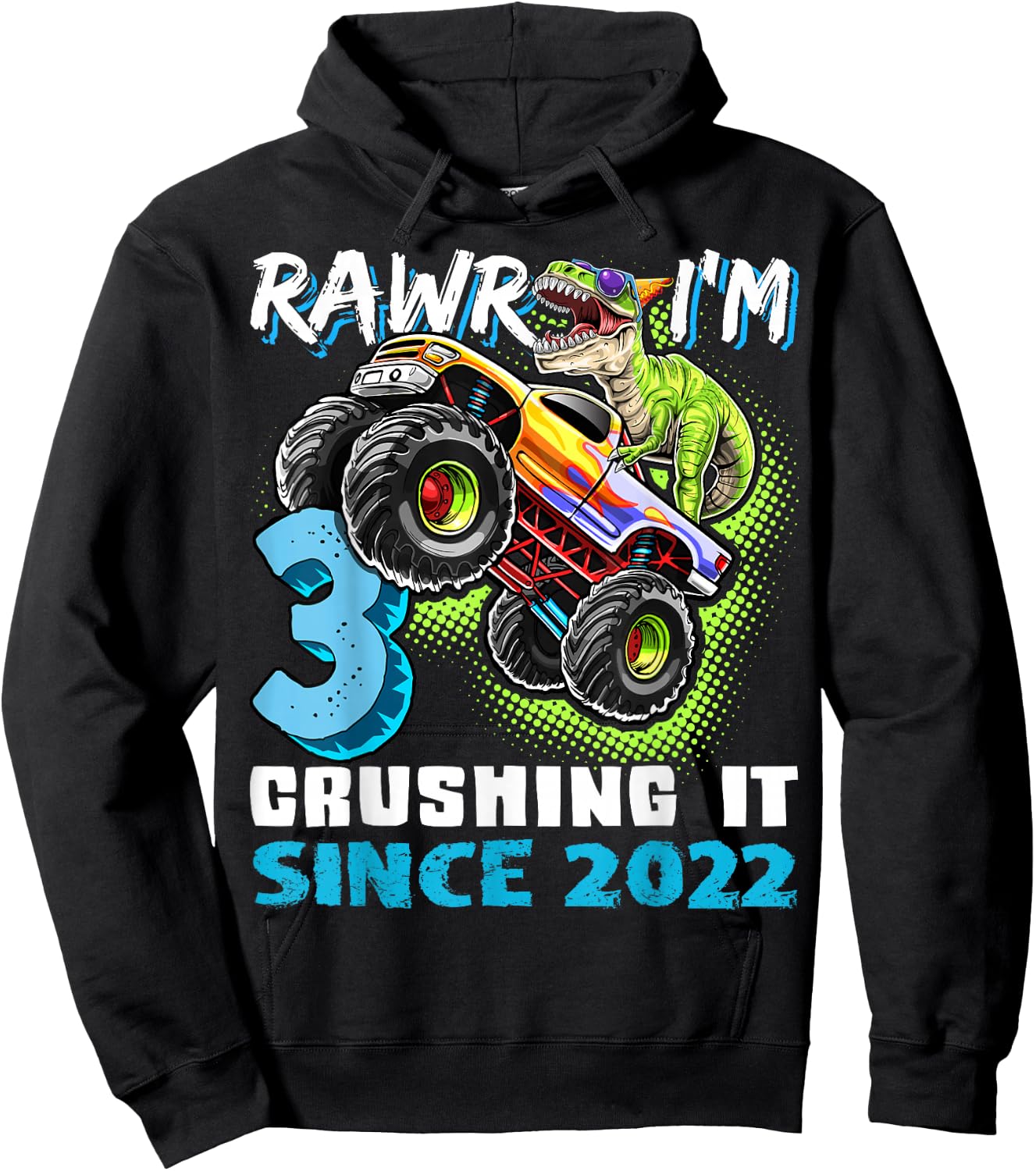3rd Birthday Monster Truck Dinosaur Party Boys Rawr I'm 3 Hoodie - Hoodie | Black