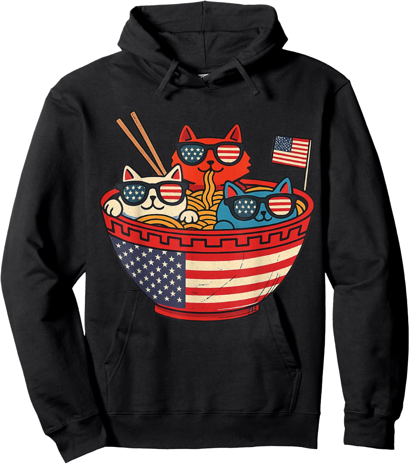 Cats Ramen Anime American Flag USA Funny 4th Of July Fourth Hoodie - Hoodie | Black