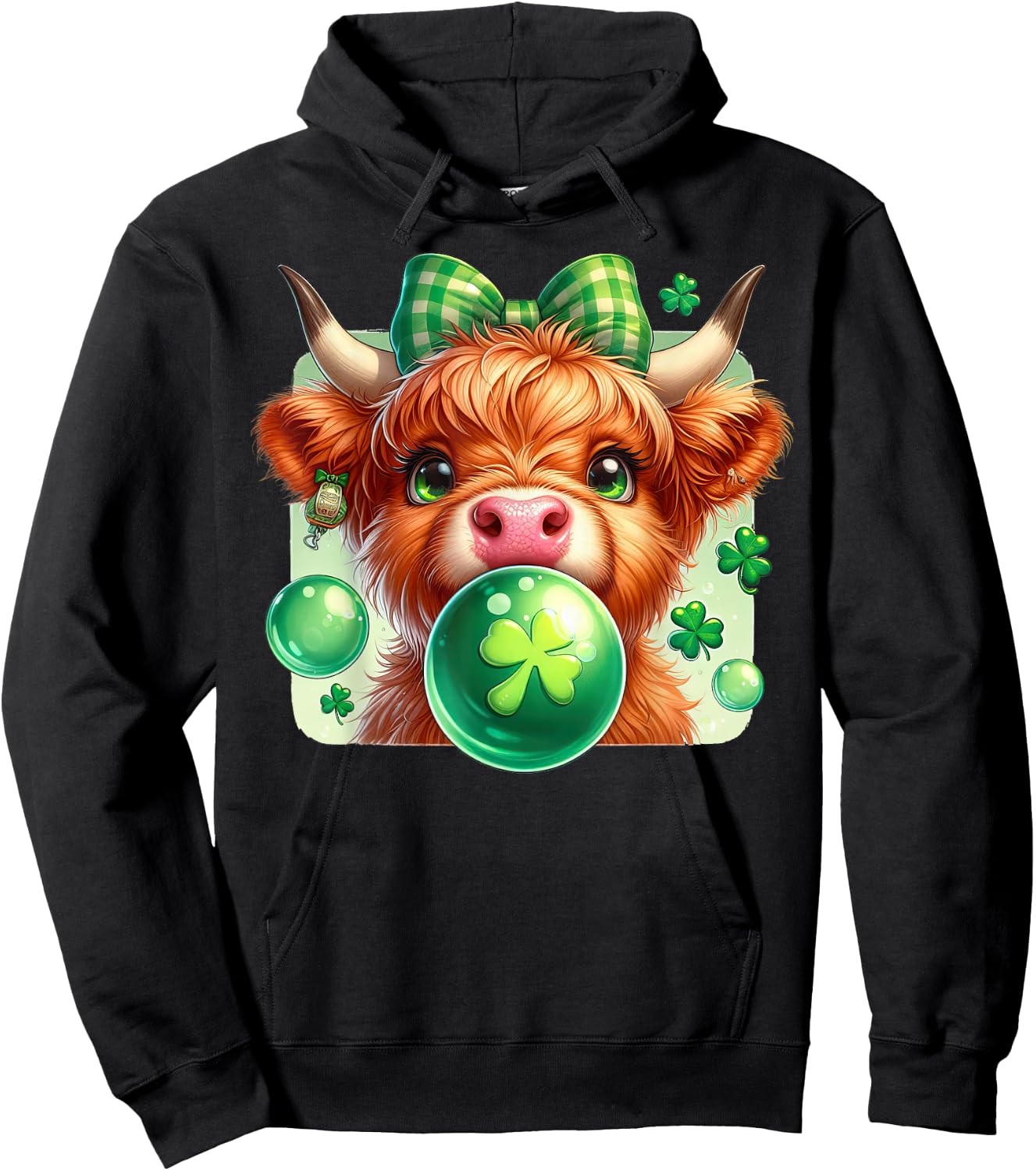 Highland Cow Blowing Bubblegum Celebrate St Patricks Day Hoodie - Hoodie | Black