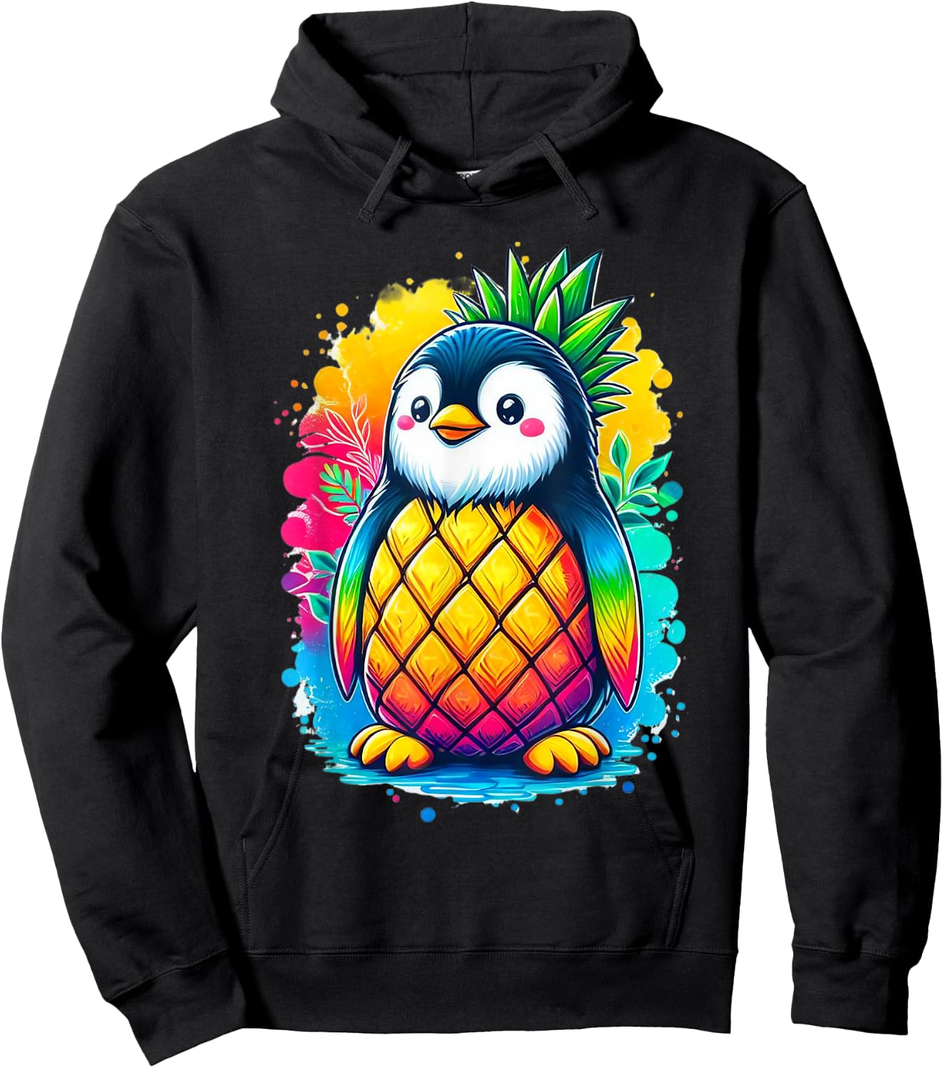 Rainbow Colorful Pineapple Penguin Summer Vacation Fruit Men Women Girls Kids Hoodie - Hoodie | Black