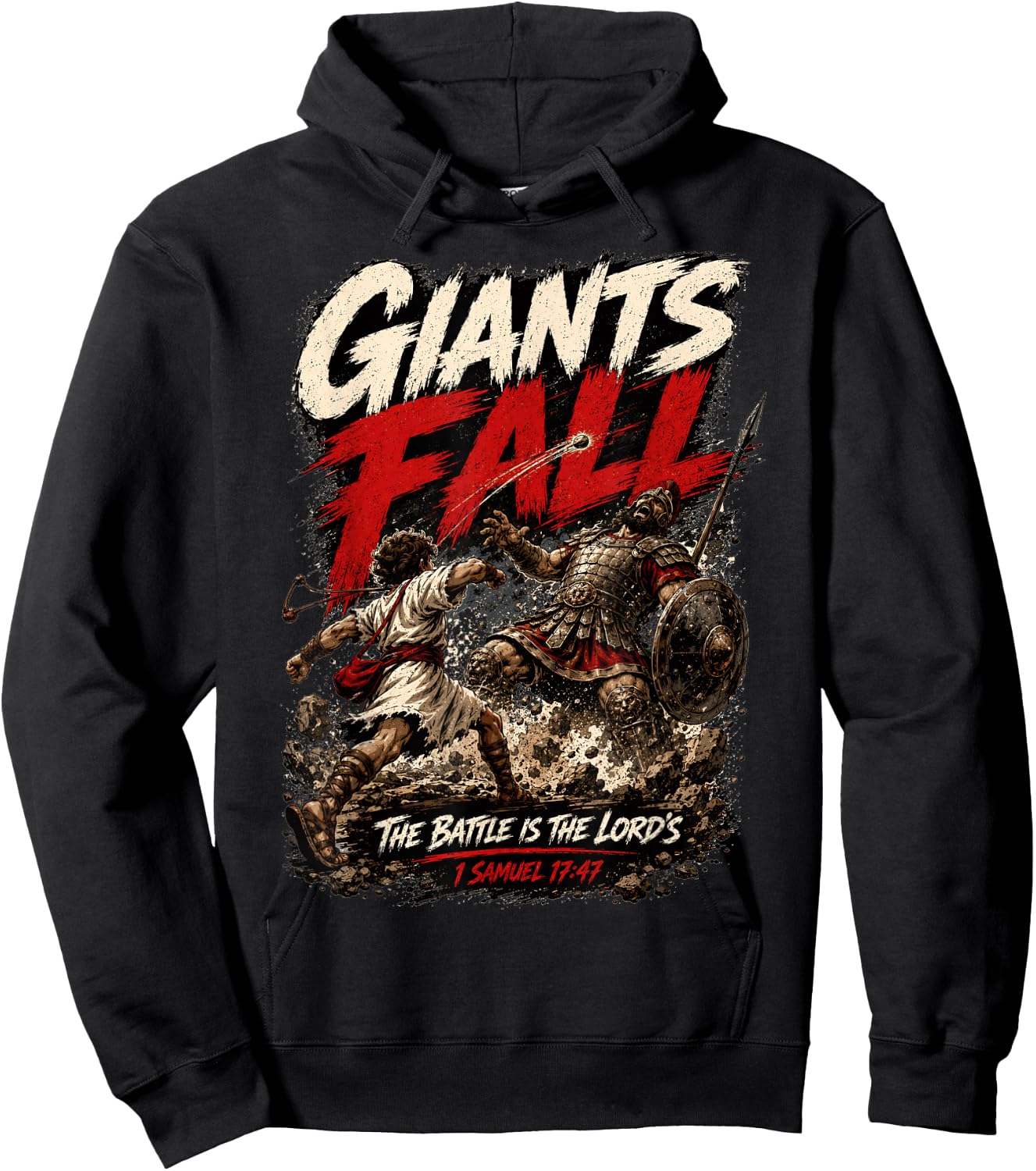 Giants Fall The Battle is The Lord's David and Goliath Bible Hoodie - Hoodie | Black