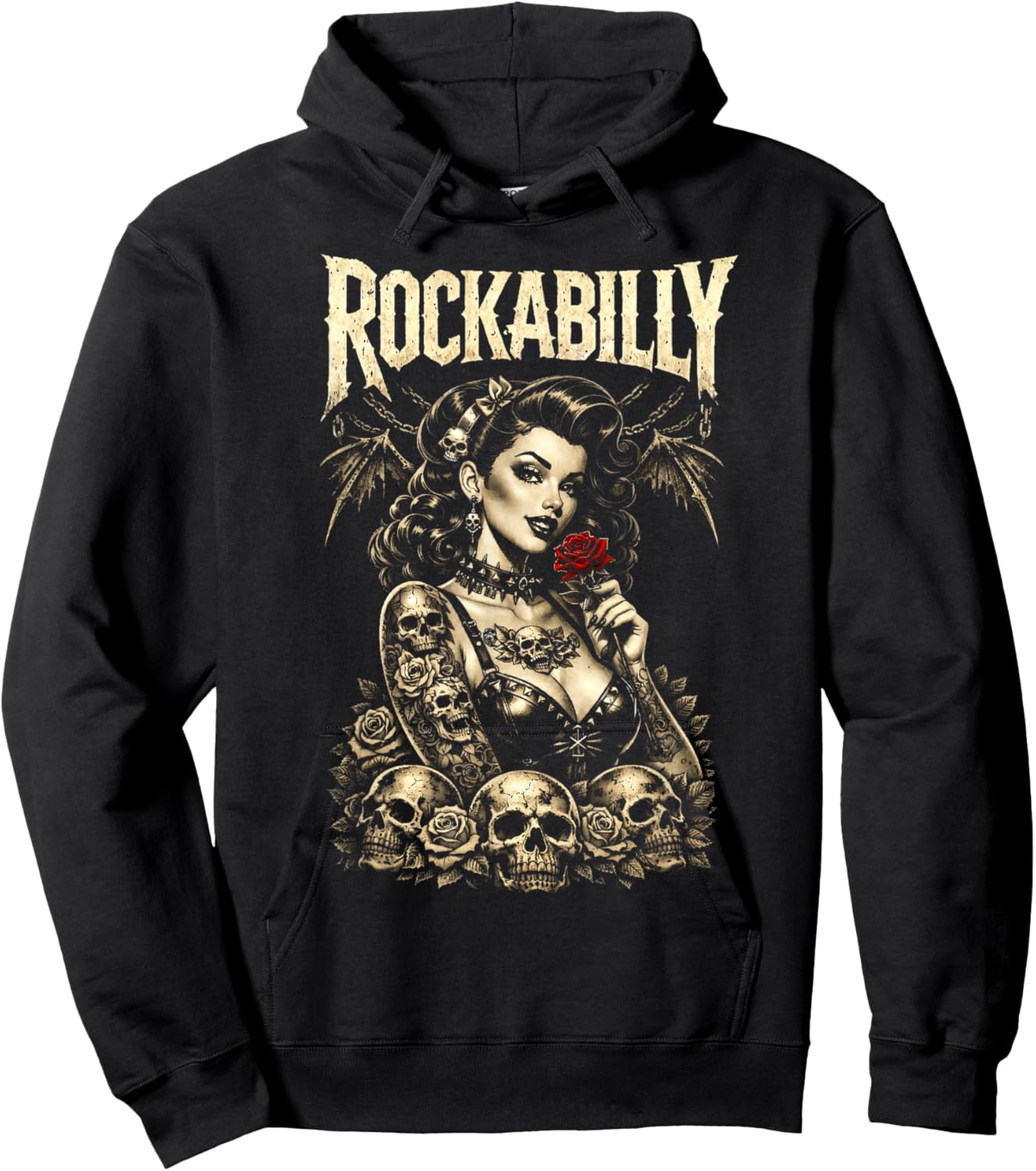 Rockabilly Gothic Pinup Girl Skulls Retro Alternative Rock Hoodie - Hoodie | Black