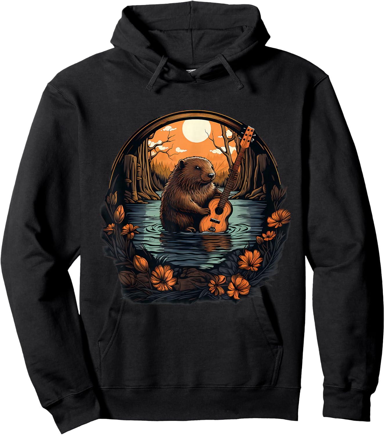 Beaver Nature Guitar Landscape Wildlife Artwork Animal Art Hoodie - Hoodie | Black