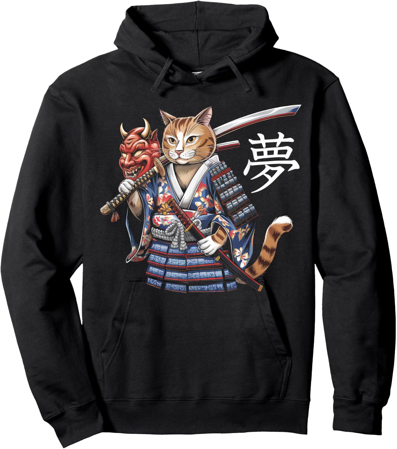 Samurai Cat Vintage Ukiyo-e Warrior Kanji Japan Anime Ink Hoodie - Hoodie | Black