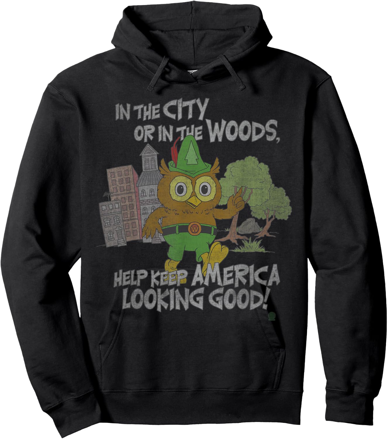 Woodsy Owl Keep America Looking Good Distressed and Faded Hoodie - Hoodie | Black