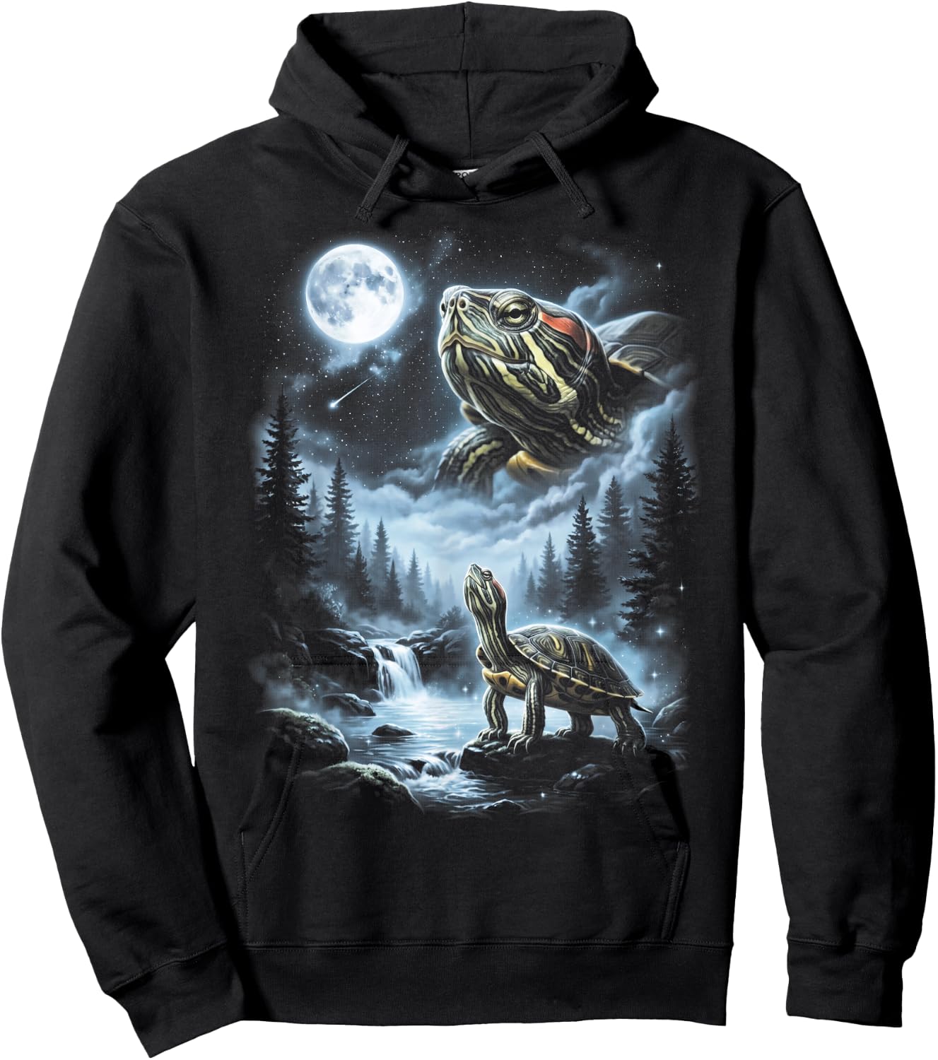 Red Eared Slider Turtle Howling at Moon 90's Retro Hoodie - Hoodie | Black