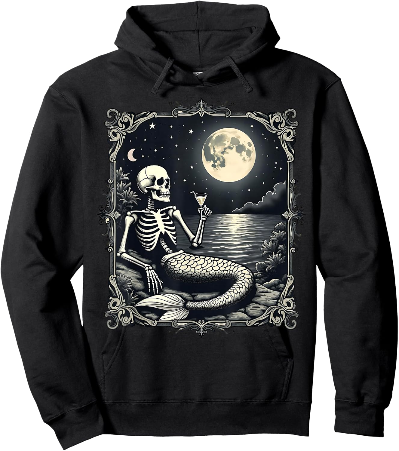 Funny Skeleton Mermaid at Full Moon Cool Mermaid Graphic Hoodie - Hoodie | Black