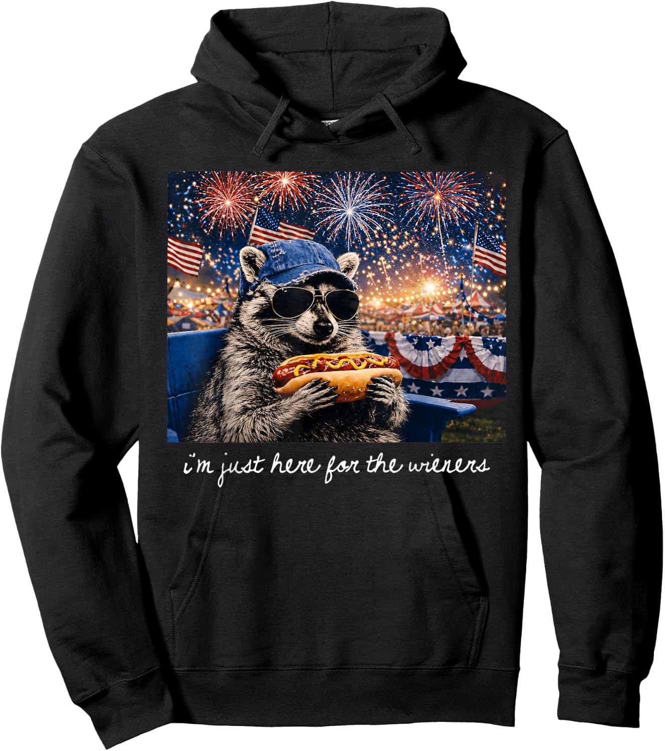 I'm Just Here for The Wieners Raccoon Fireworks 4th of July Hoodie - Hoodie | Black