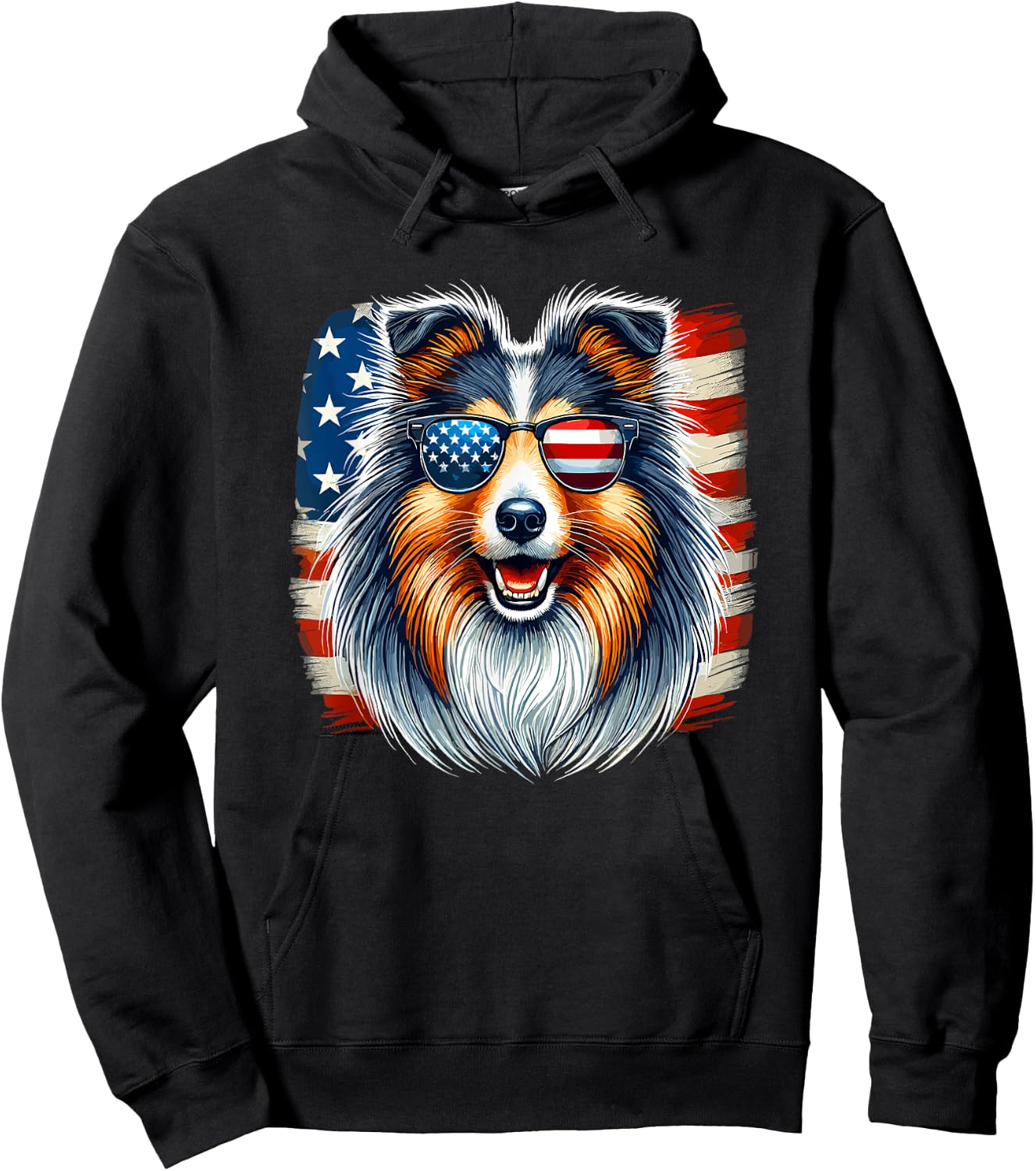 American USA Flag Shetland Sheepdog Sheltie 4th Of July Hoodie - Hoodie | Black