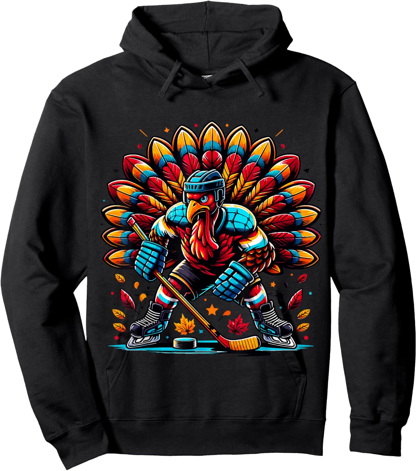 Thanksgiving Ice Hockey Turkey Playing Hockey Thankful Hoodie - Hoodie | Black