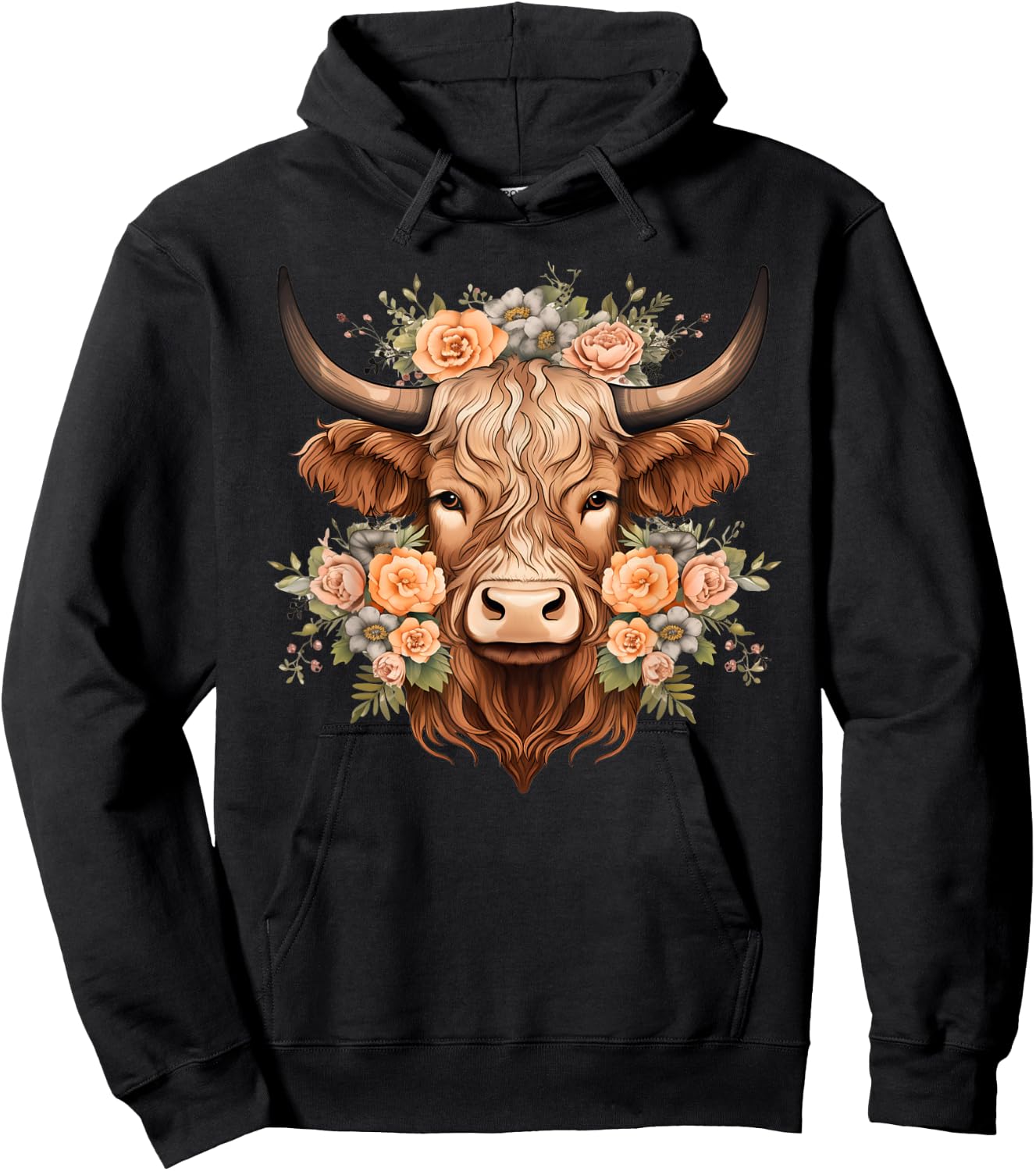 Flowers Highlander Boho Cow Hoodie - Hoodie | Black